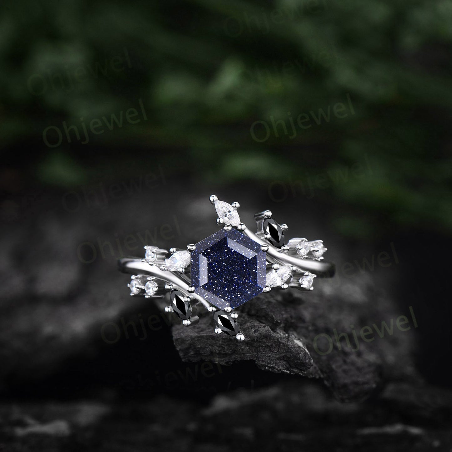 1ct hexagon cut blue sandstone engagement ring 14k rose gold sterling silver marquise cut diamond black spinel anniversary ring for women