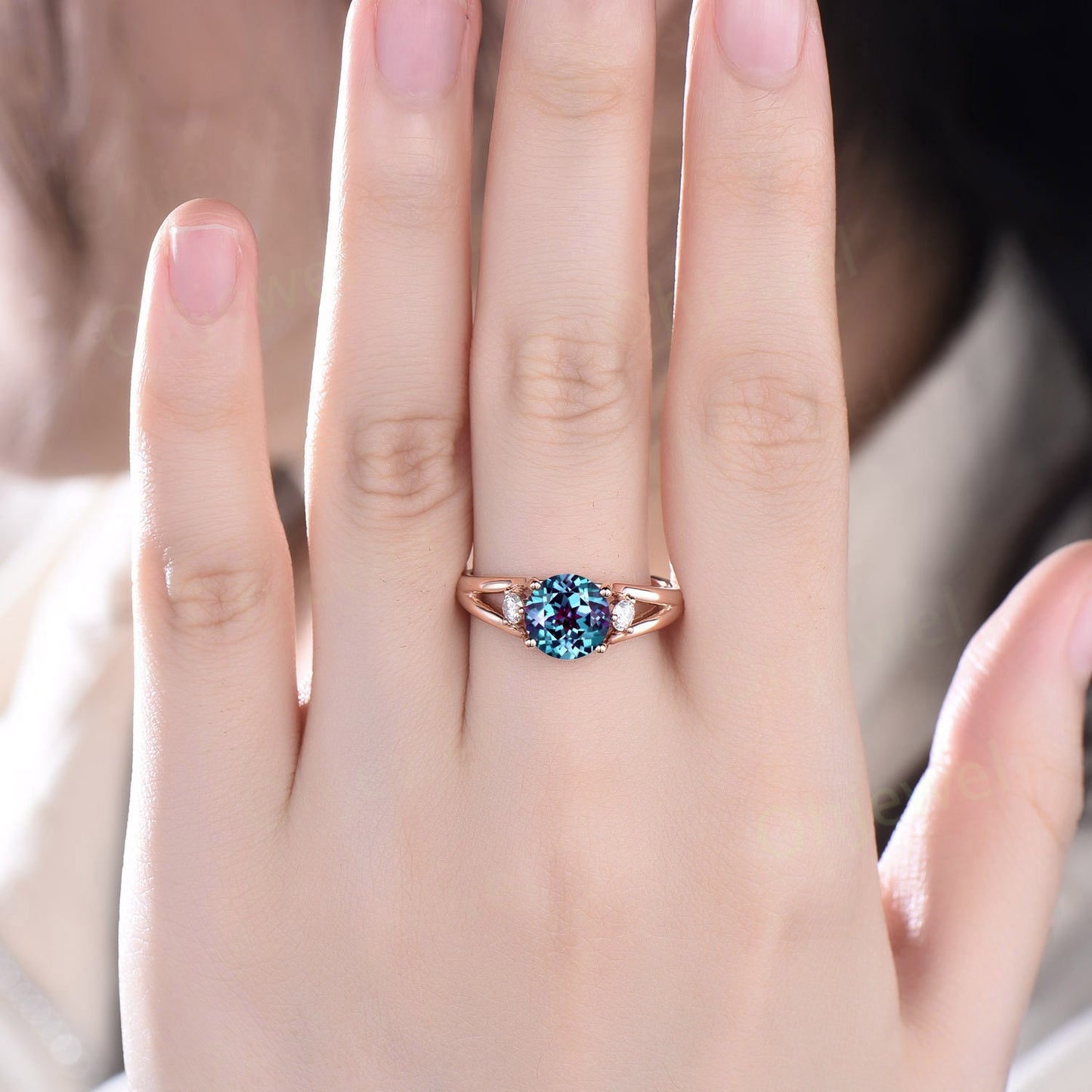 2ct Round cut Alexandrite ring three stone split shank engagement ring vintage moissanite ring rose gold silver June birthstone promise ring