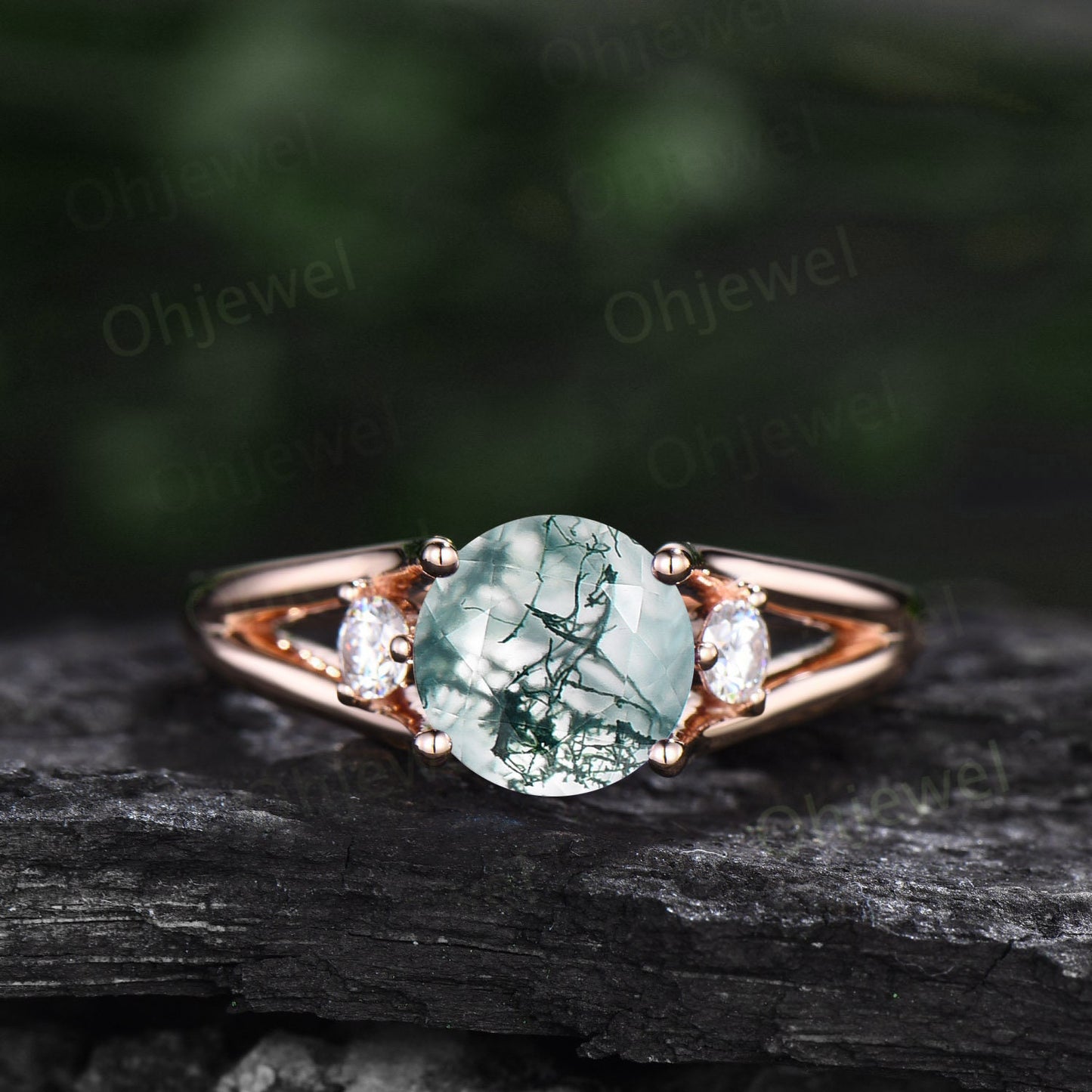 2ct Round cut moss agate ring three stone engagement ring rose gold split shank moissanite ring women promise anniversary wedding ring gifts