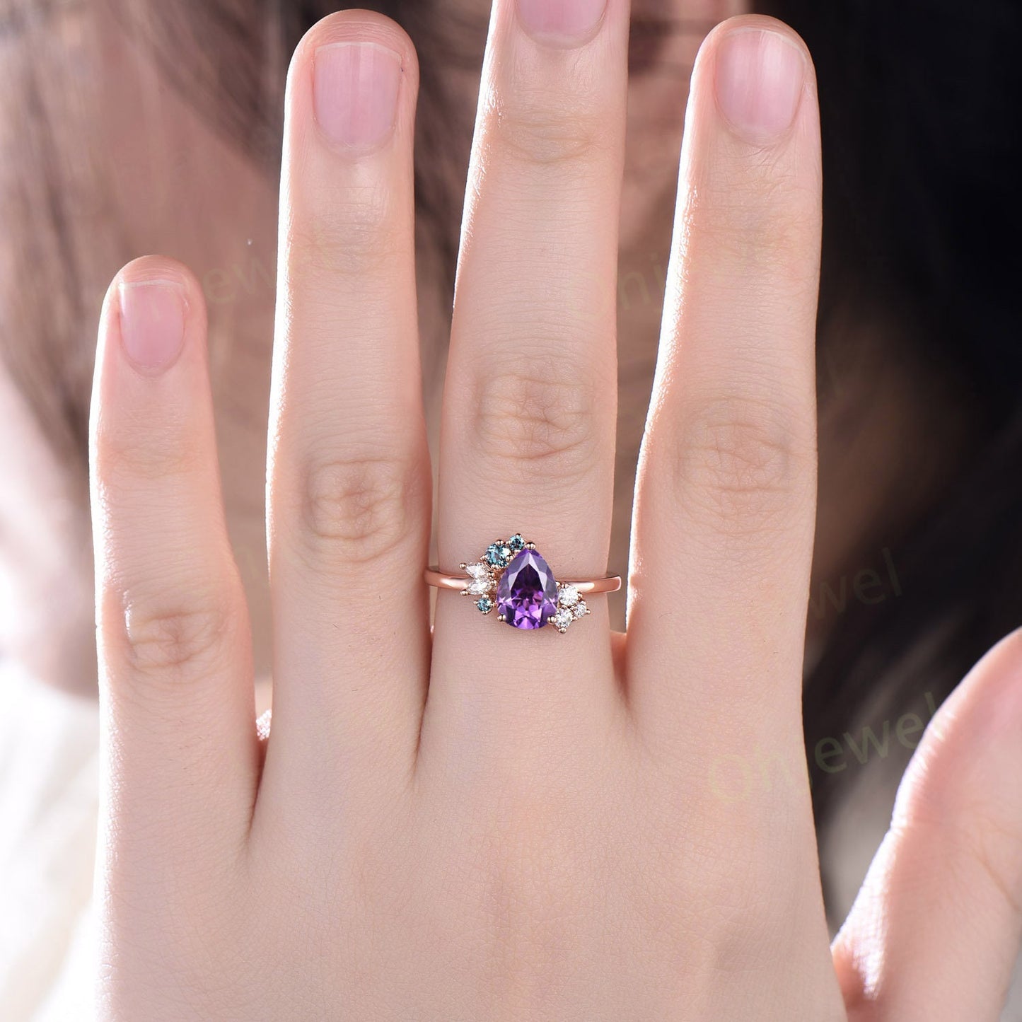 Pear shaped purple Amethyst ring rose gold vintage unique engagement ring cluster alexandrite ring marquise diamond anniversary ring women