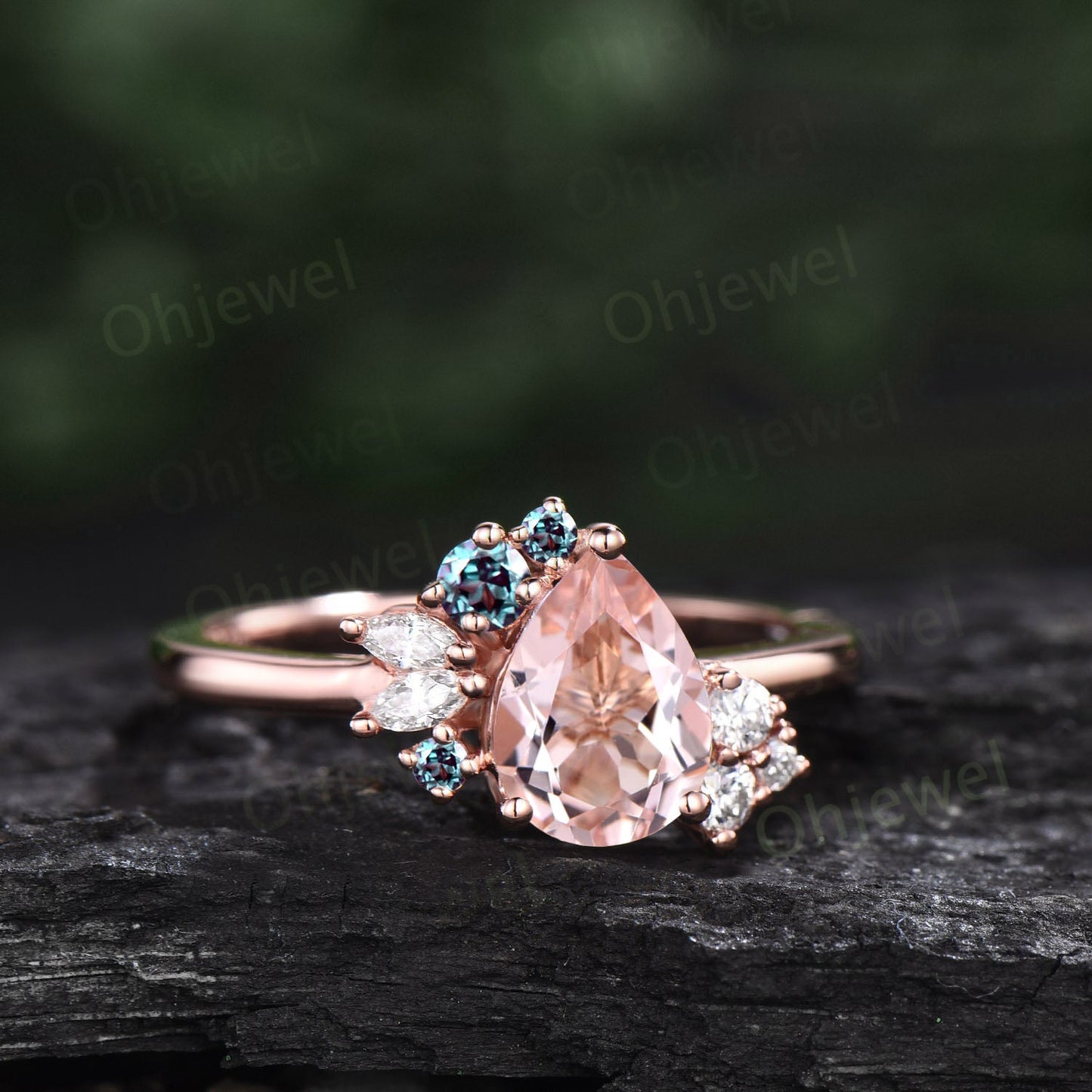 Pear shaped morganite ring rose gold vintage unique morganite engagement ring art deco diamond alexandrite ring women bridal wedding ring