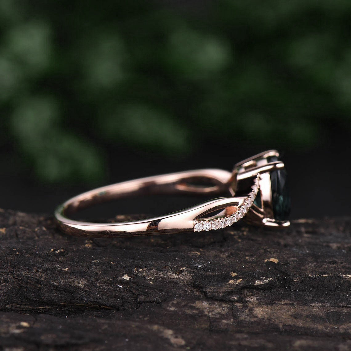 Vintage cushion cut moss agate engagement ring solid 14k rose gold infinity Twisted half eternity diamond ring anniversary ring for women