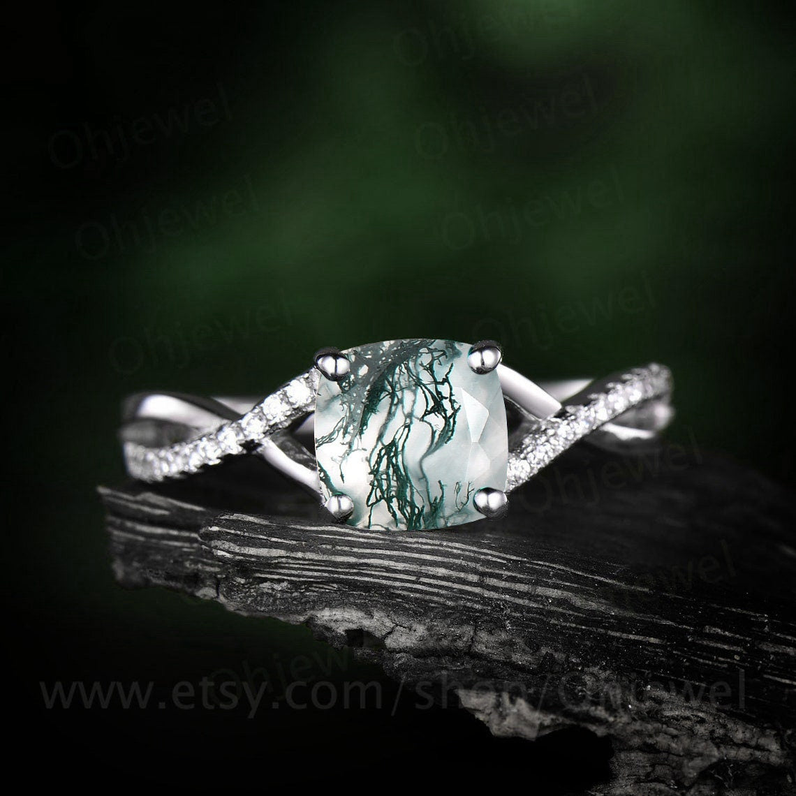 Vintage cushion cut moss agate engagement ring solid 14k rose gold infinity Twisted half eternity diamond ring anniversary ring for women