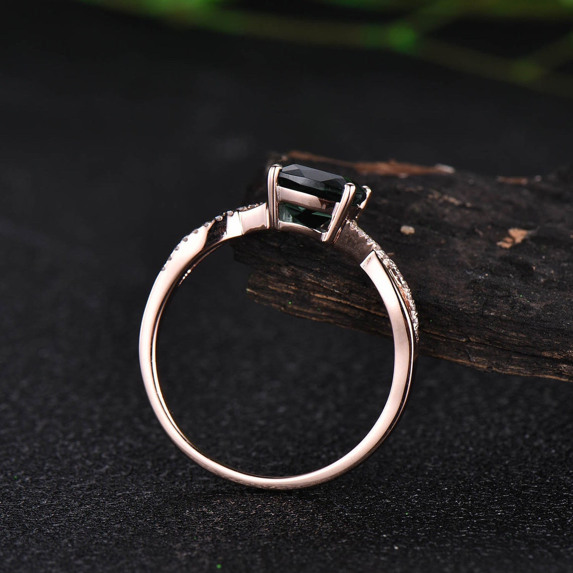 Vintage cushion cut moss agate engagement ring solid 14k rose gold infinity Twisted half eternity diamond ring anniversary ring for women
