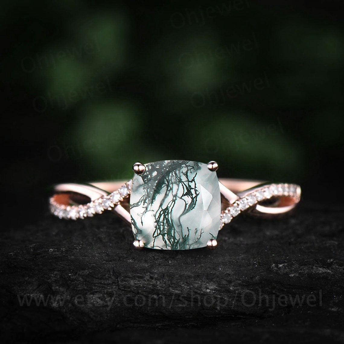 Vintage cushion cut moss agate engagement ring solid 14k rose gold infinity Twisted half eternity diamond ring anniversary ring for women