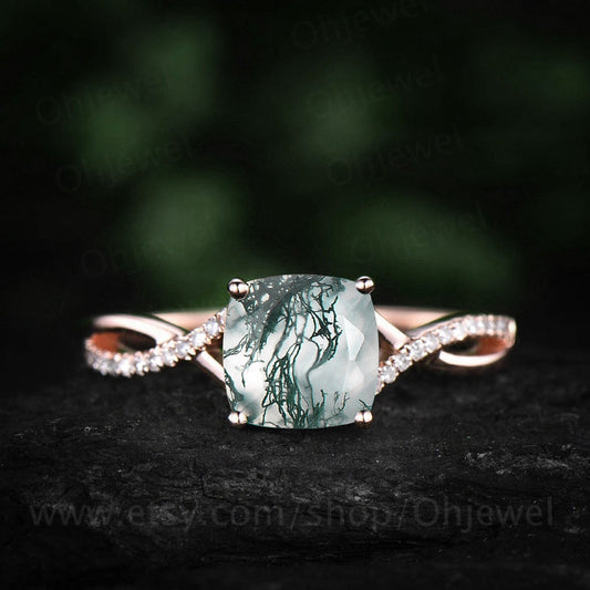 Vintage cushion cut moss agate engagement ring solid 14k rose gold infinity Twisted half eternity diamond ring anniversary ring for women