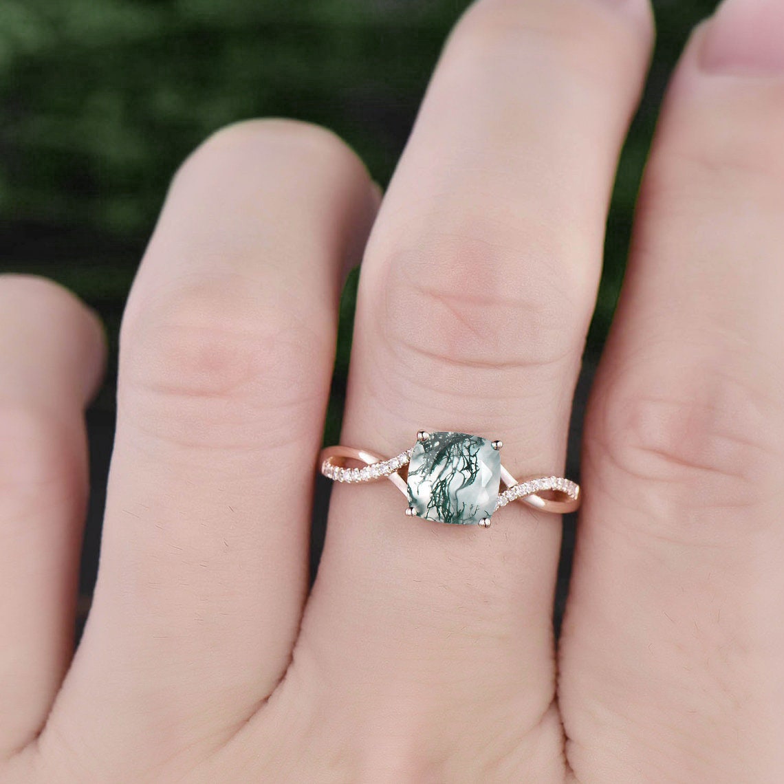 Vintage cushion cut moss agate engagement ring solid 14k rose gold infinity Twisted half eternity diamond ring anniversary ring for women