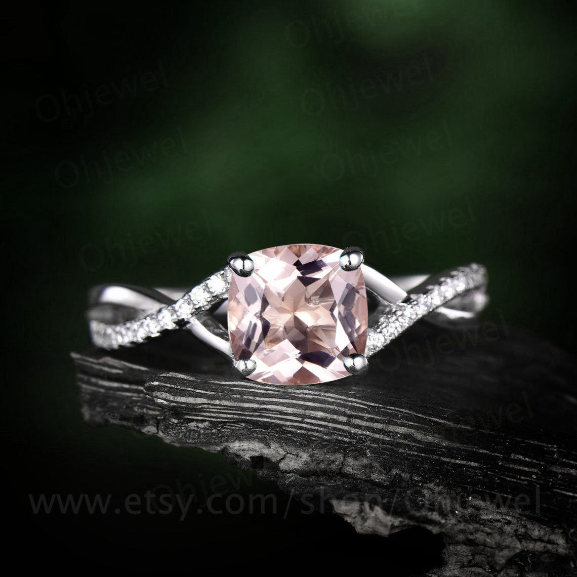 Vintage cushion cut morganite engagement ring solid 14k rose gold infinity Twisted half eternity diamond ring anniversary ring for women