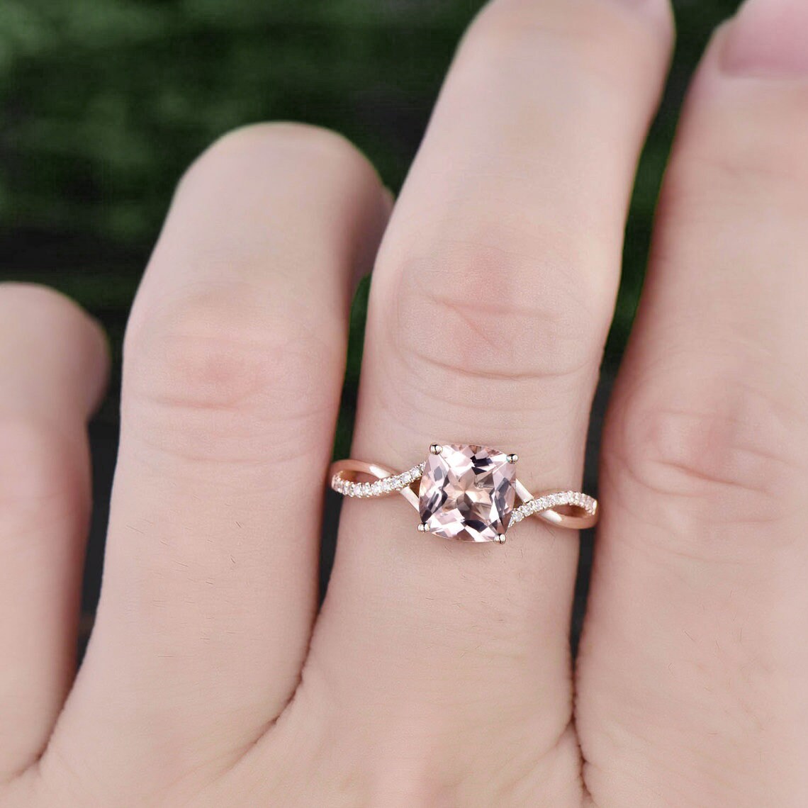 Vintage cushion cut morganite engagement ring solid 14k rose gold infinity Twisted half eternity diamond ring anniversary ring for women