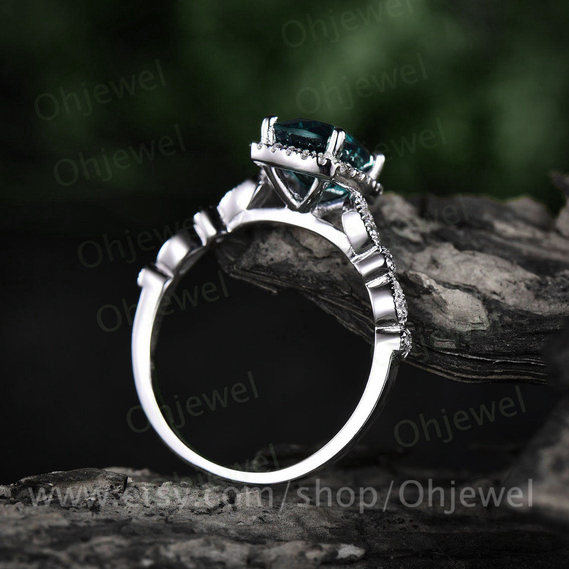 Vintage cushion cut alexandrite engagement ring white gold halo art deco half eternity diamond ring unique promise wedding ring for women