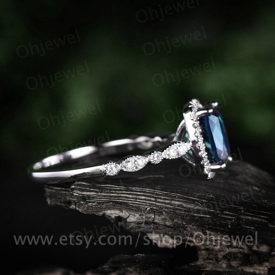 Vintage cushion cut alexandrite engagement ring white gold halo art deco half eternity diamond ring unique promise wedding ring for women