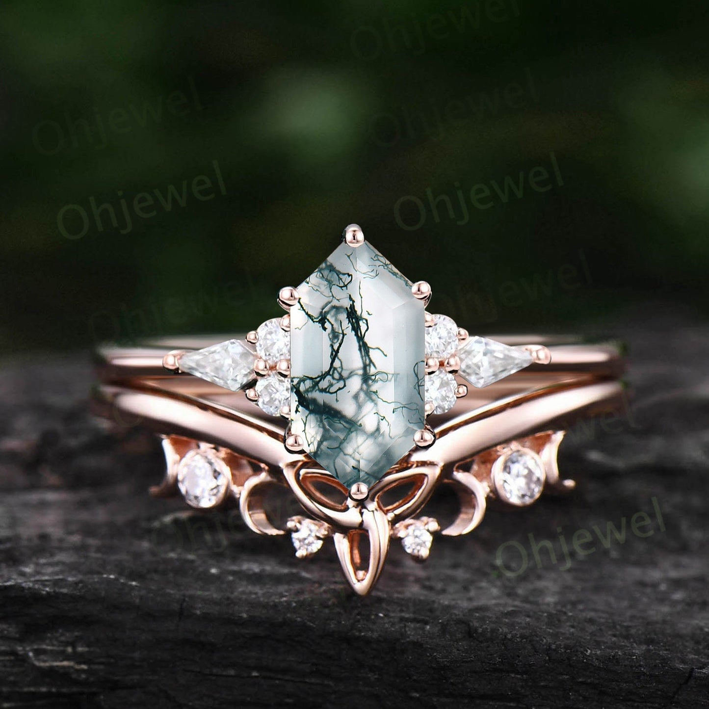 Unique bridal ring set hexagon cut green moss agate engagement ring set rose gold vitage kite moissanite ring promise wedding ring for women