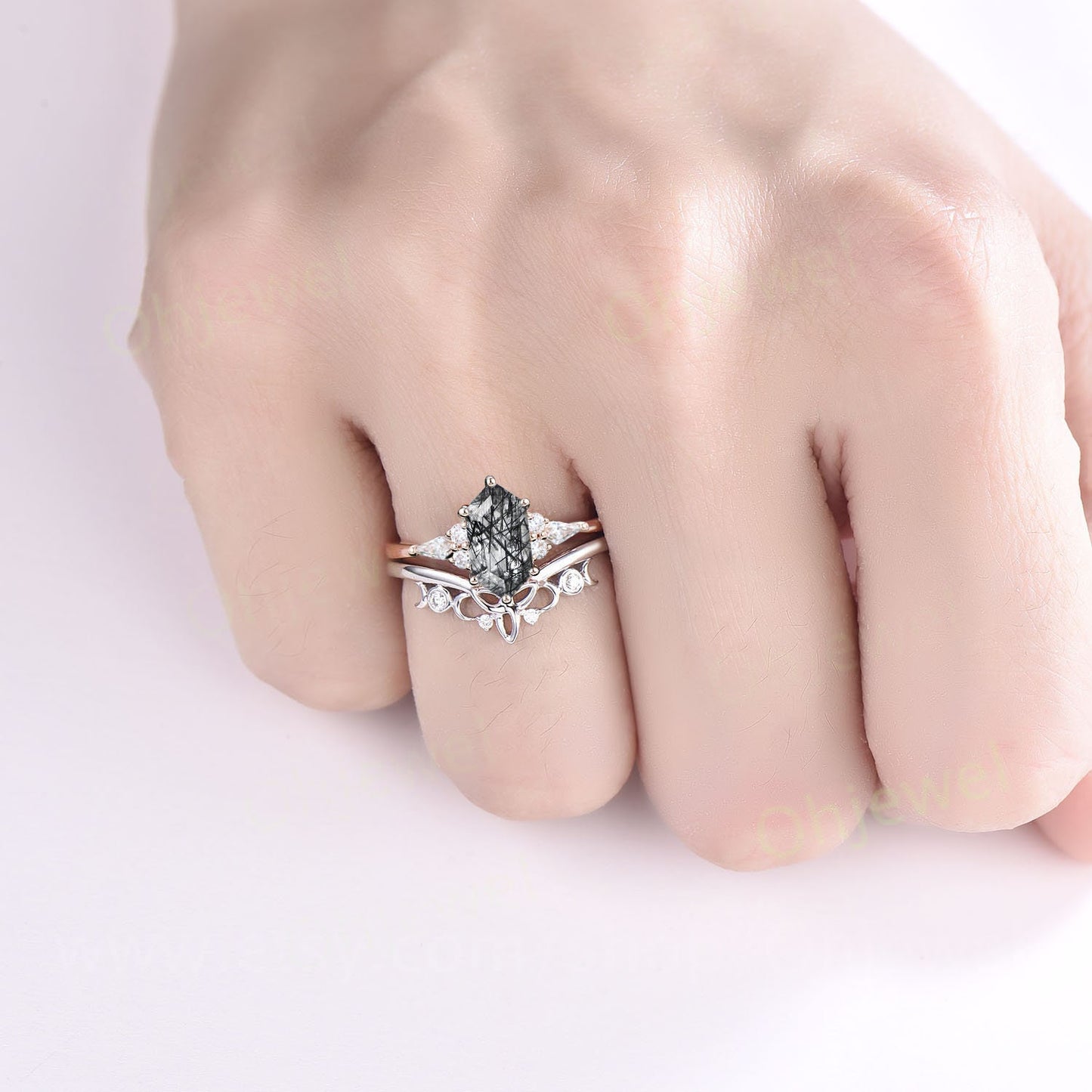 Hexagon cut black rutilated quartz ring rose gold vintage unique engagement ring set kite cut moissanite wedding bridal ring set for women