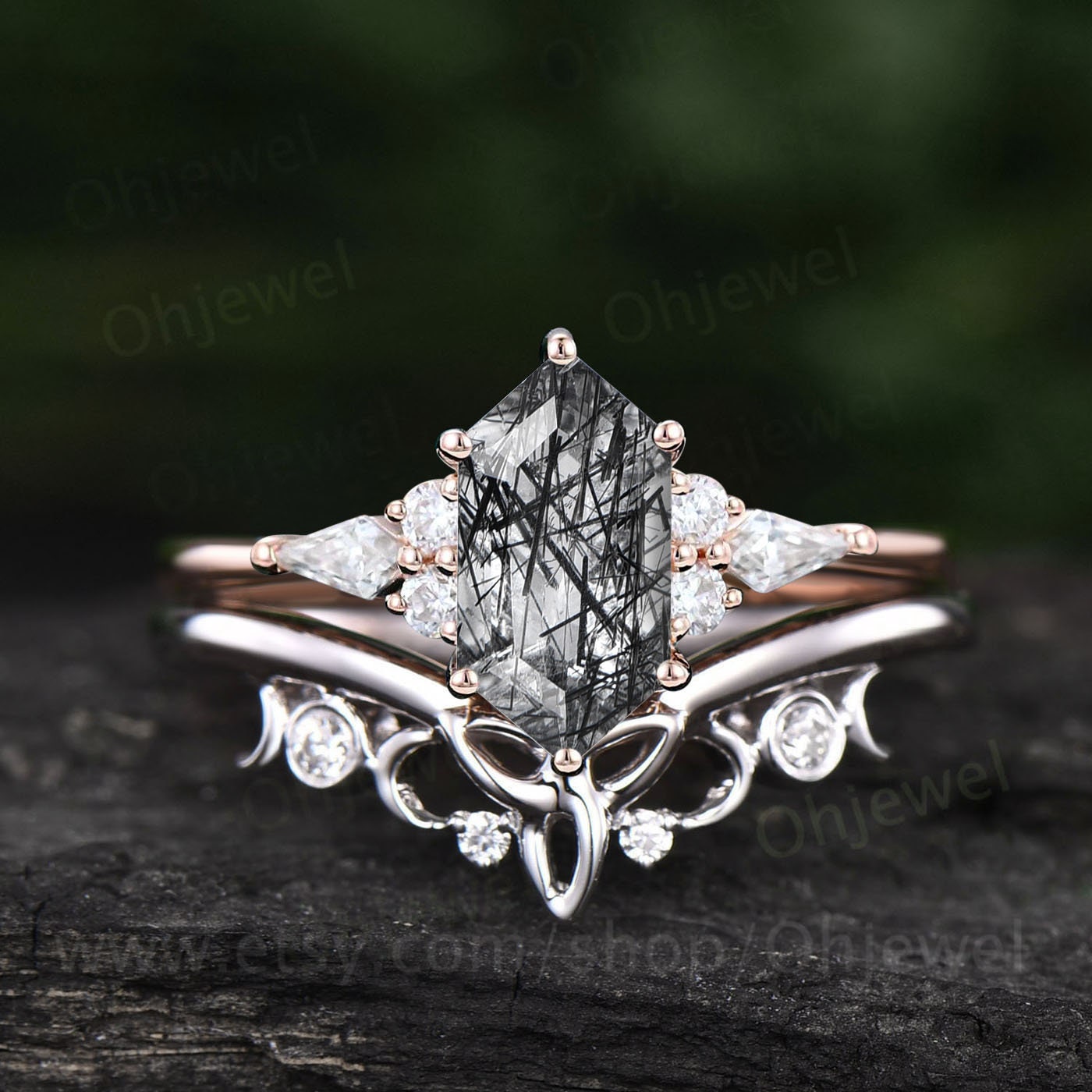 Hexagon cut black rutilated quartz ring rose gold vintage unique engagement ring set kite cut moissanite wedding bridal ring set for women