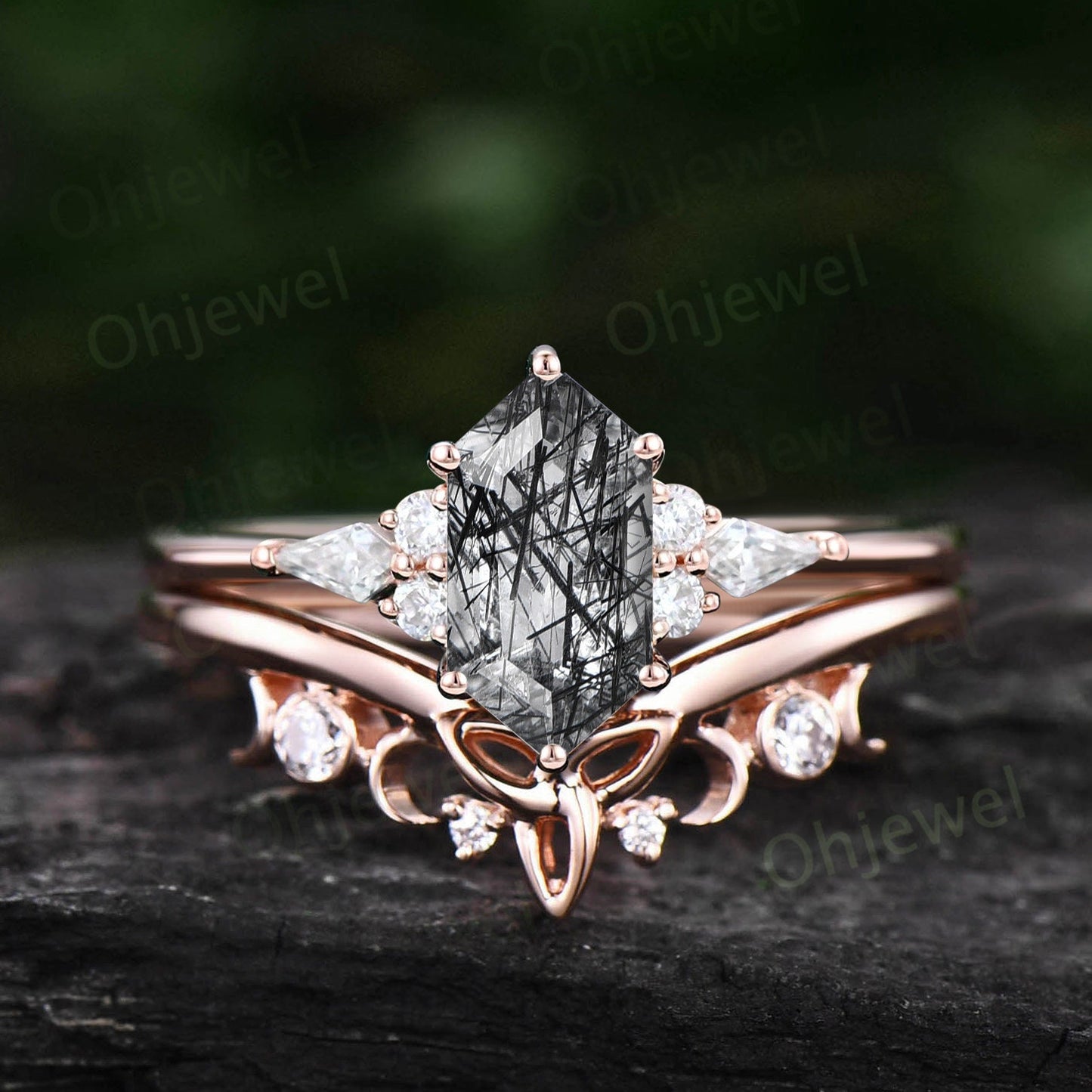 Hexagon cut black rutilated quartz ring rose gold vintage unique engagement ring set kite cut moissanite wedding bridal ring set for women