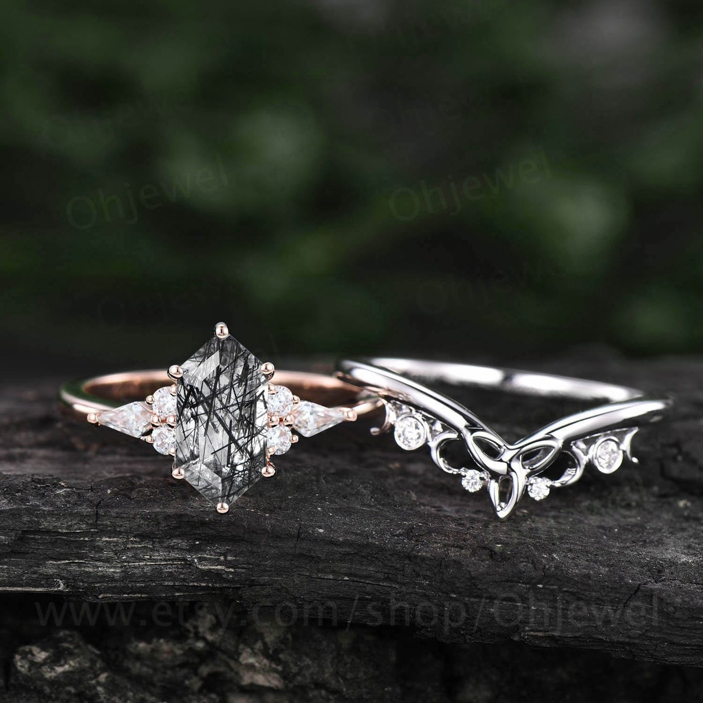 Hexagon cut black rutilated quartz ring rose gold vintage unique engagement ring set kite cut moissanite wedding bridal ring set for women