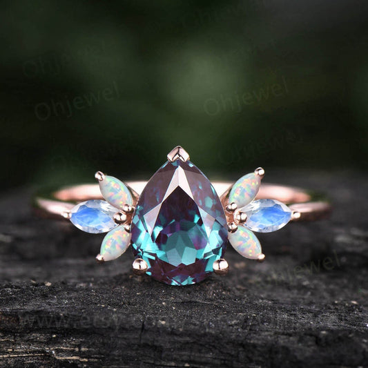 Vintage Alexandrite engagement ring pear shaped color change Alexandrite ring for women rose gold marquise opal ring silver jewelry gift
