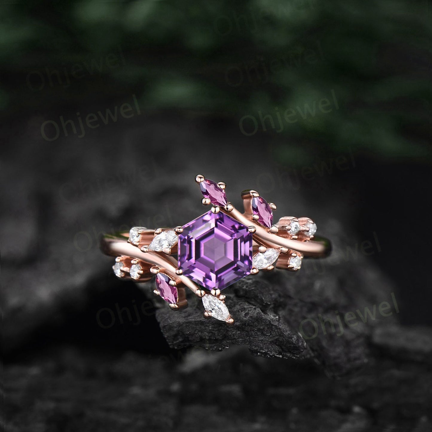 Vintage Hexagon cut amethyst engagement ring rose gold silver marquise diamond Pink Tourmaline ring cluster leaf unique wedding ring women
