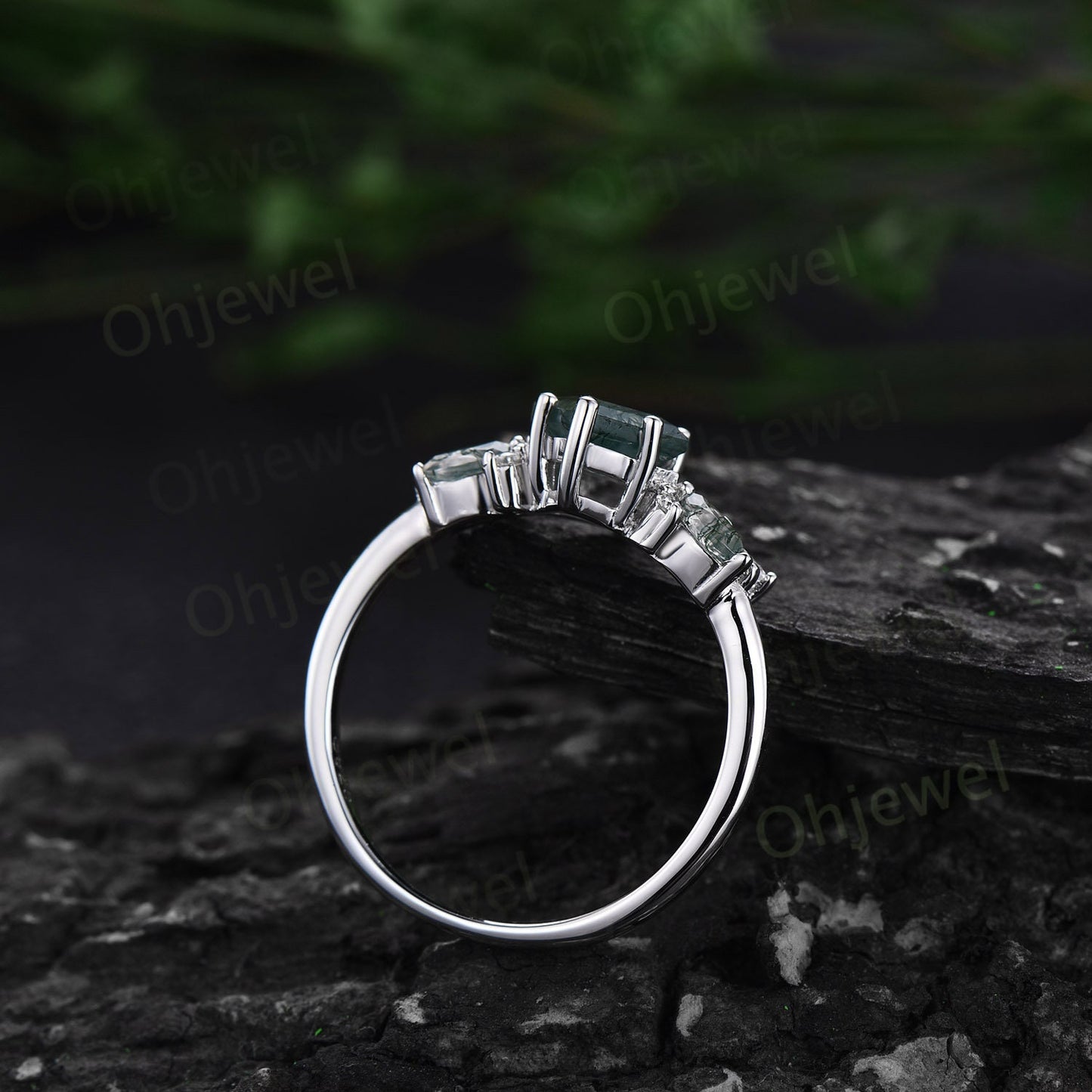 Kite cut moss agate ring gold silver vintage unique engagement ring cluster diamond ring marquise cut moss agate ring wedding ring for women