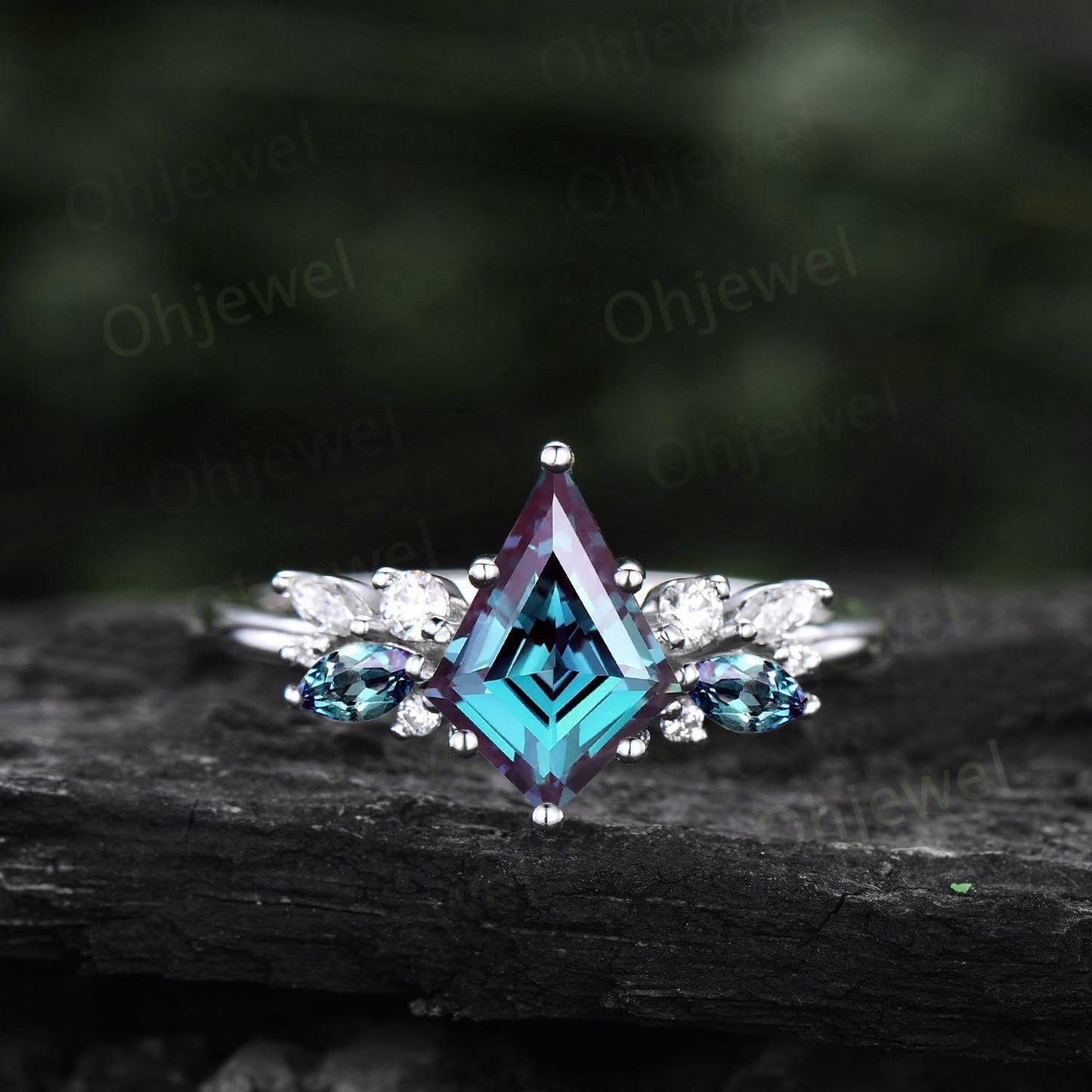Kite cut alexandrite ring rose gold cluster unique engagement ring for women marquise cut ring diamond anniversary ring June birthstone ring