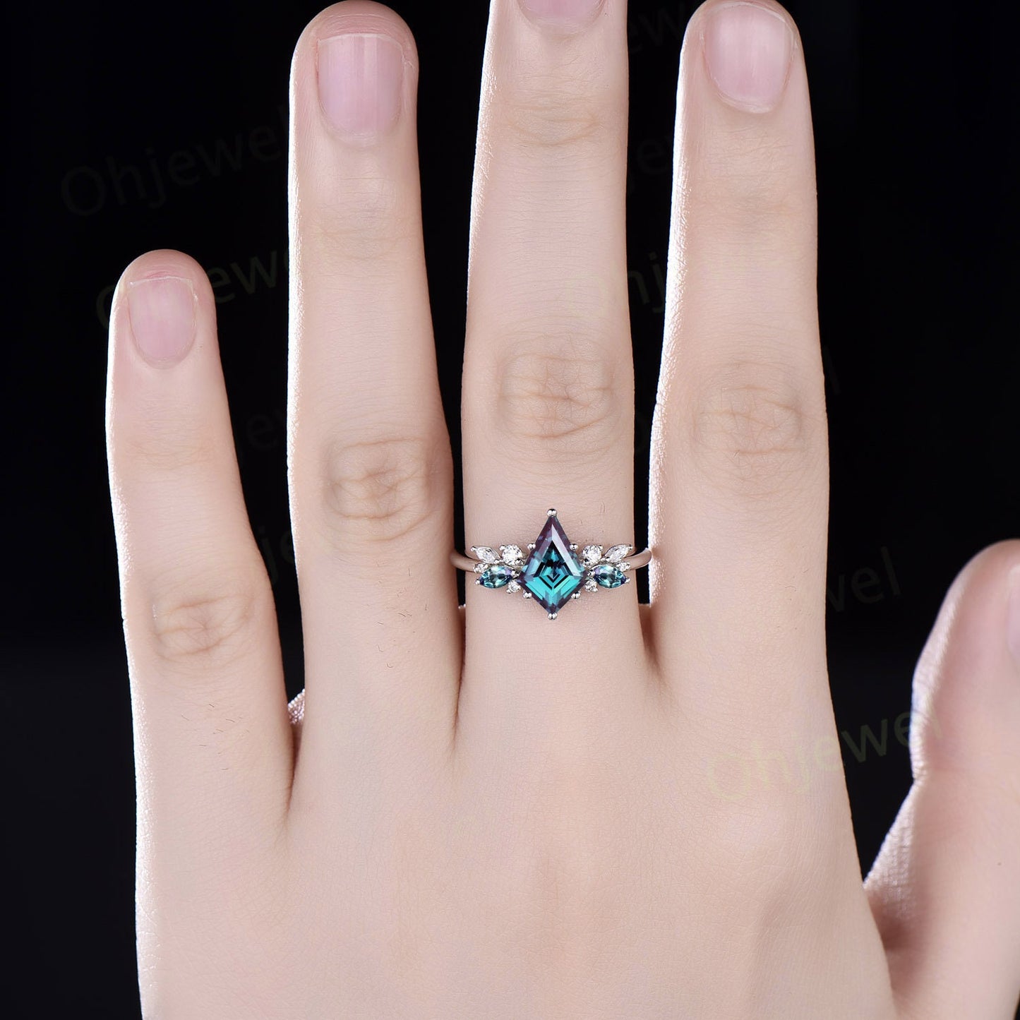 Kite cut alexandrite ring rose gold cluster unique engagement ring for women marquise cut ring diamond anniversary ring June birthstone ring