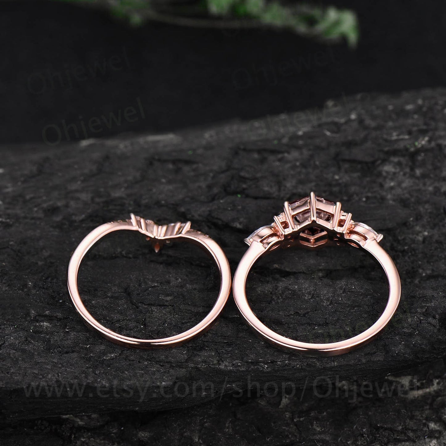 Unique hexagon cut morganite engagement ring set vintage marquise diamond ring set 14k rose gold dainty wedding ring bridal set for women