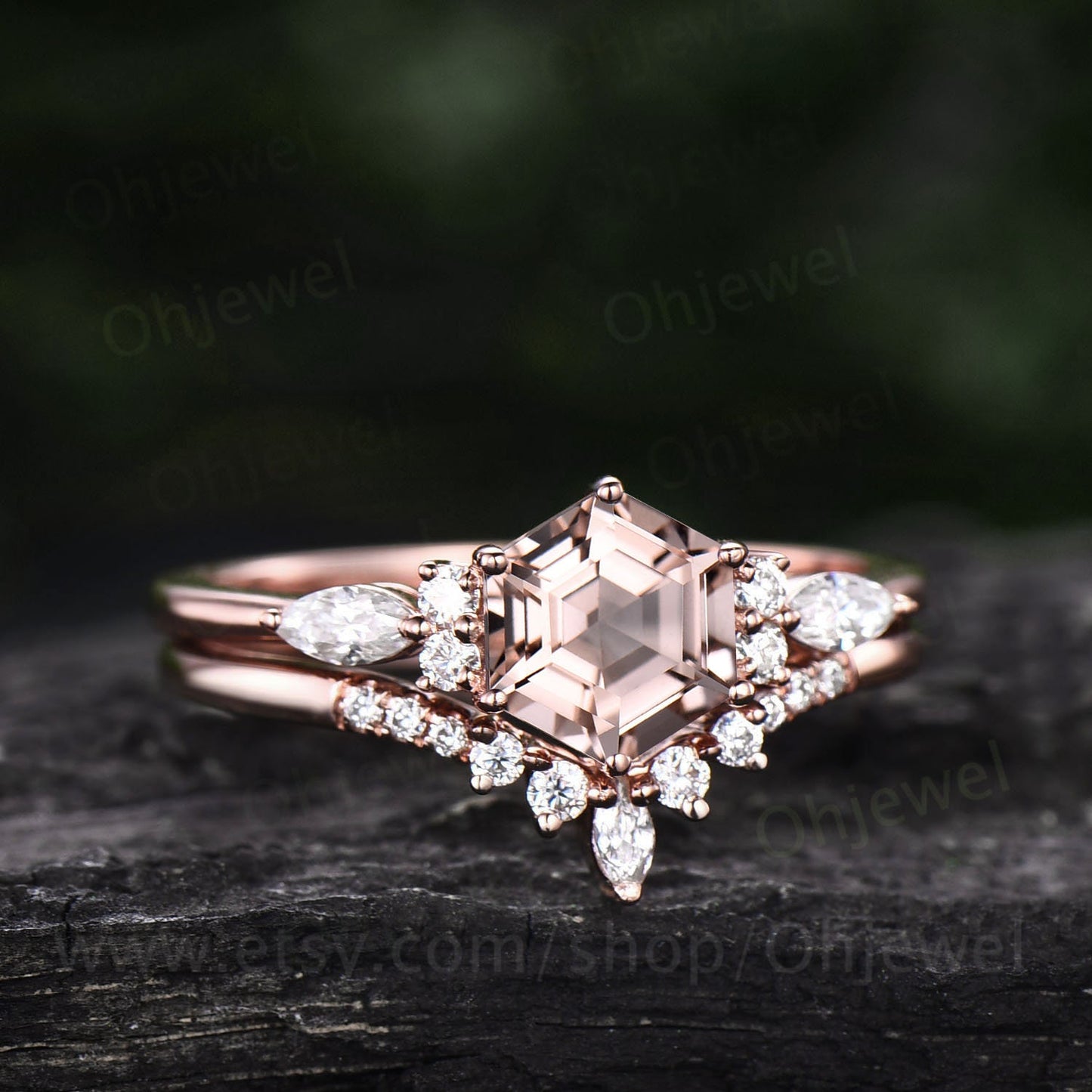 Unique hexagon cut morganite engagement ring set vintage marquise diamond ring set 14k rose gold dainty wedding ring bridal set for women