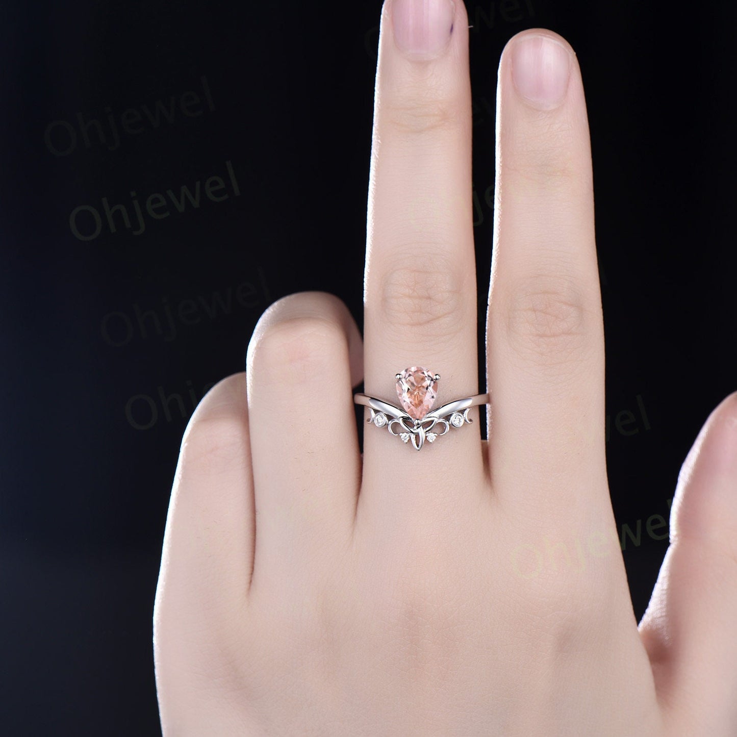 Pear shaped morganite ring rose gold vintage cluster unique engagement ring art deco diamond anniversary promise wedding ring set for women