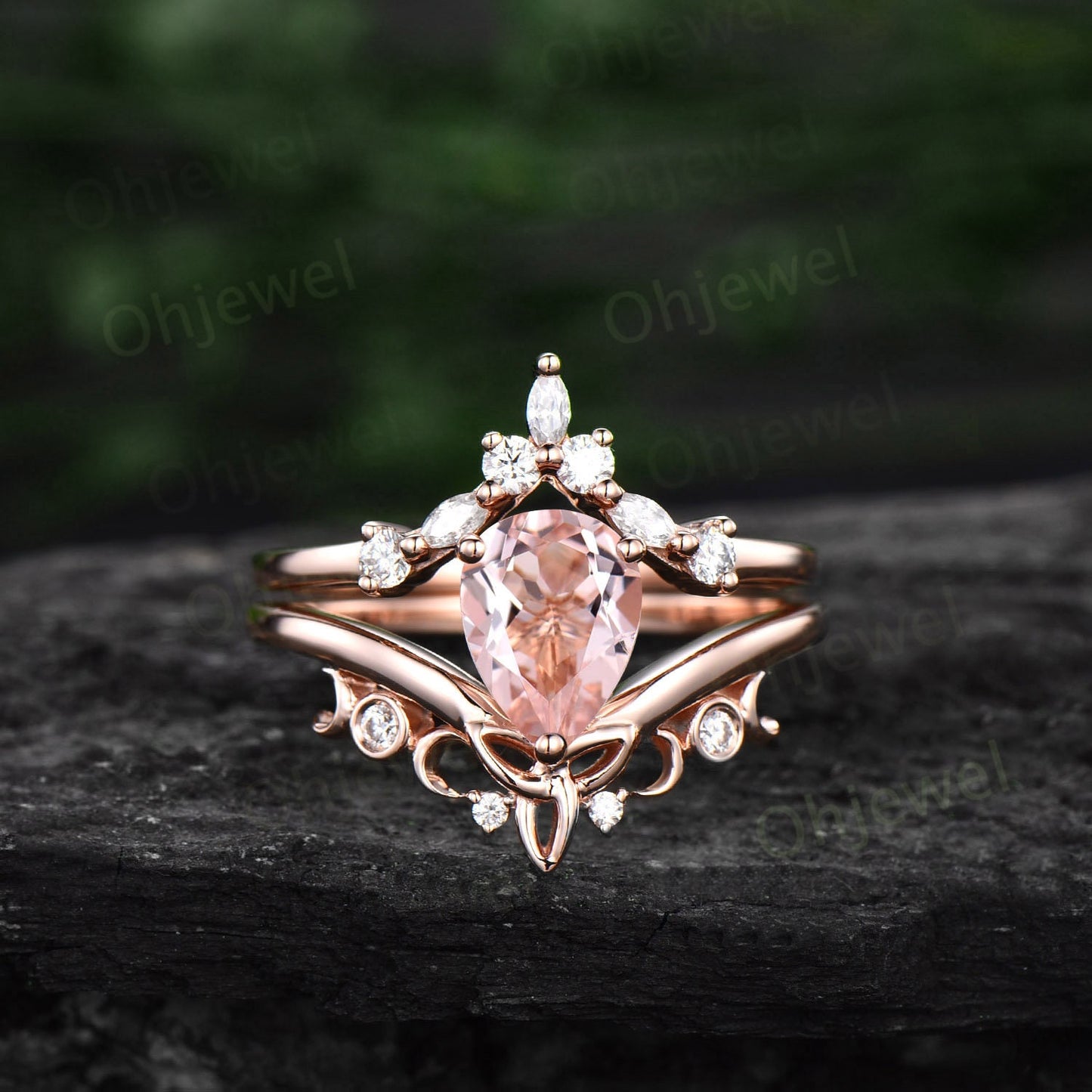 Pear shaped morganite ring rose gold vintage cluster unique engagement ring art deco diamond anniversary promise wedding ring set for women