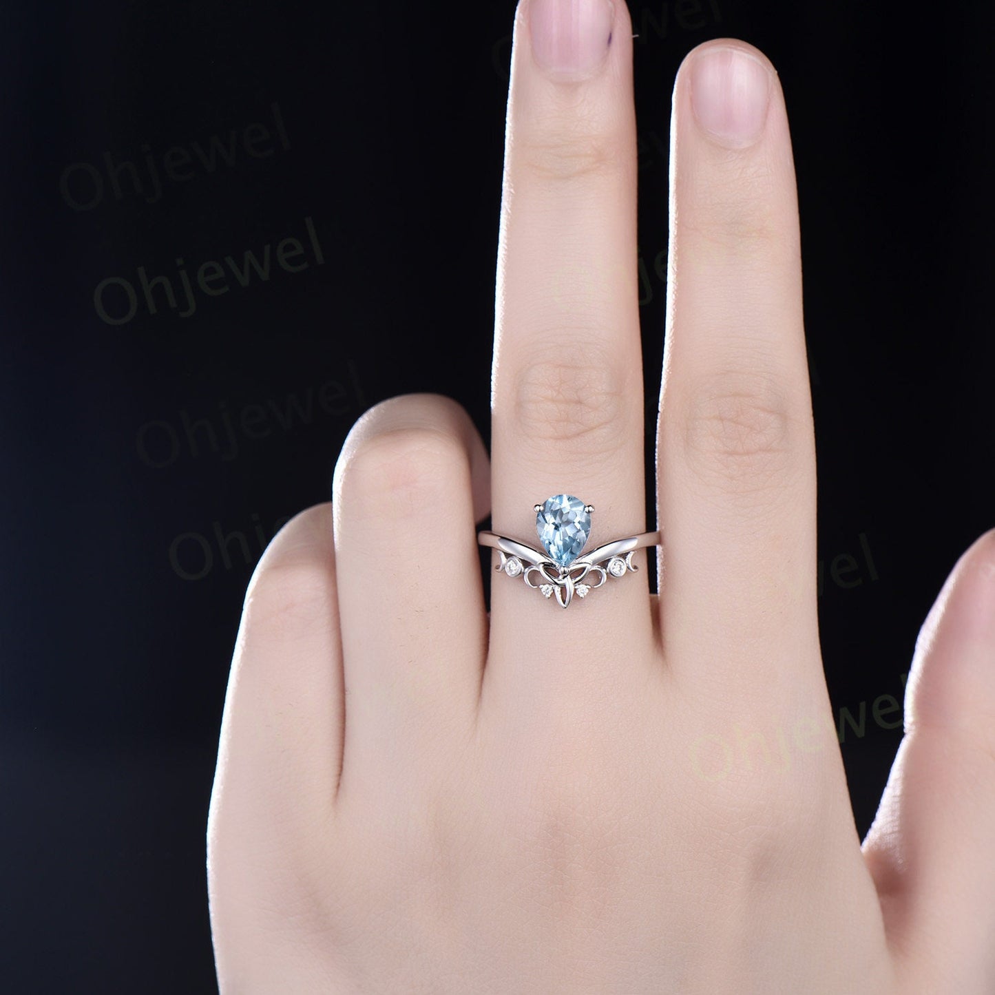 Pear shaped Aquamarine ring rose gold vintage cluster unique engagement ring marquise diamond anniversary promise wedding ring set for women