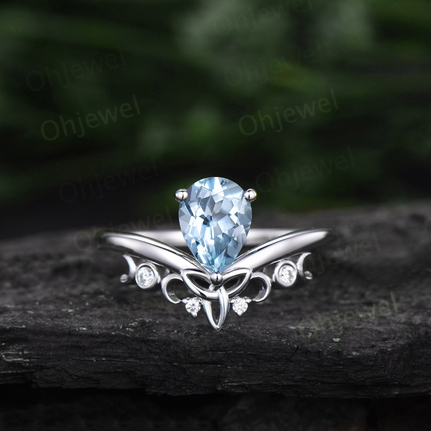 Pear shaped Aquamarine ring rose gold vintage cluster unique engagement ring marquise diamond anniversary promise wedding ring set for women