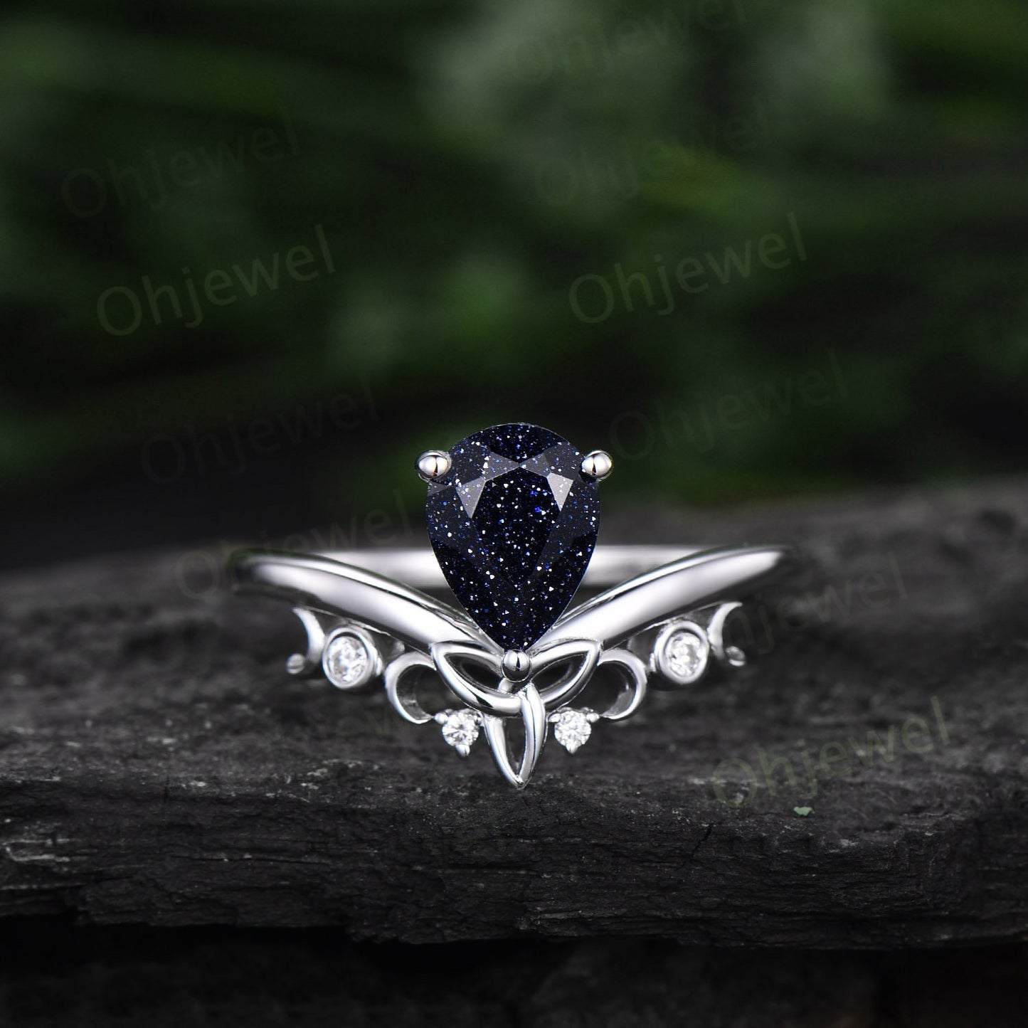 Pear shaped blue sandstone ring blue goldstone ring unique engagement ring 14k rose gold sterling silver anniversary ring women gifts