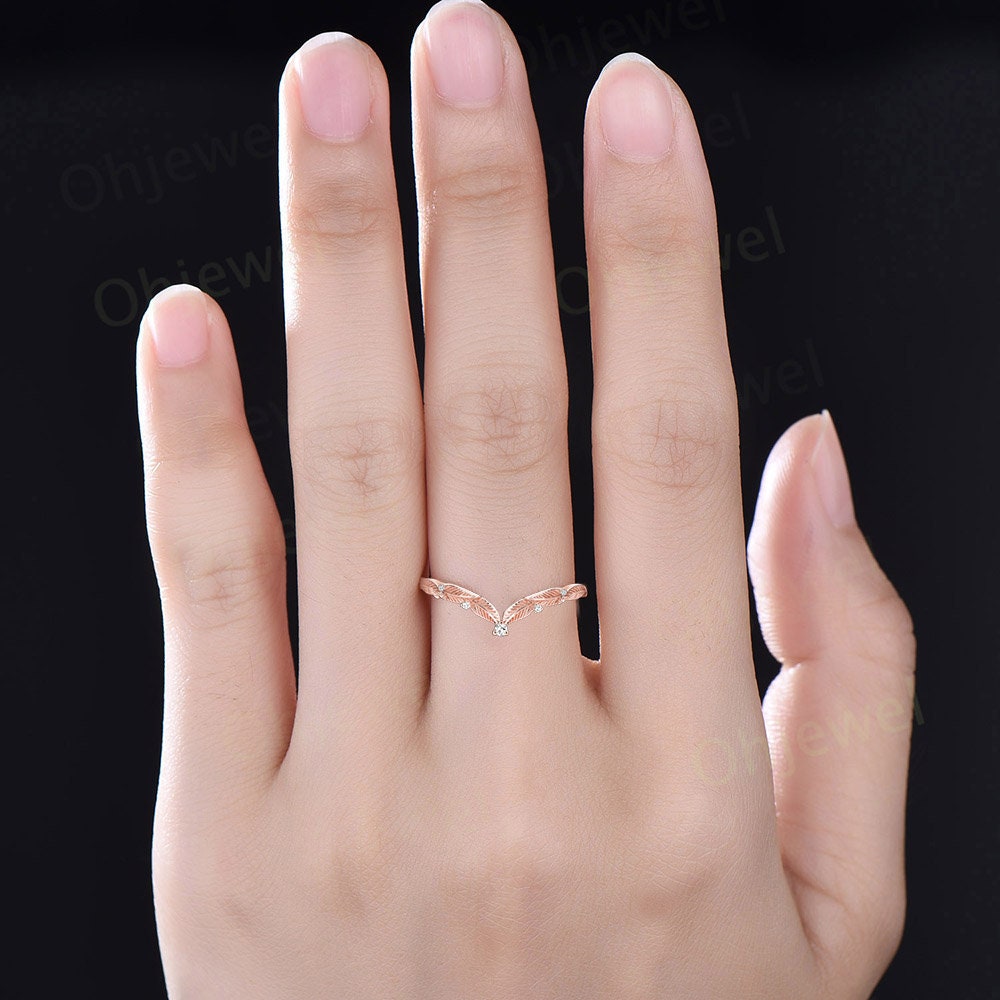 Vintage leaf diamond wedding band 14k rose gold unique five stone moissanite stacking nature inspired wedding ring band anniversary gift