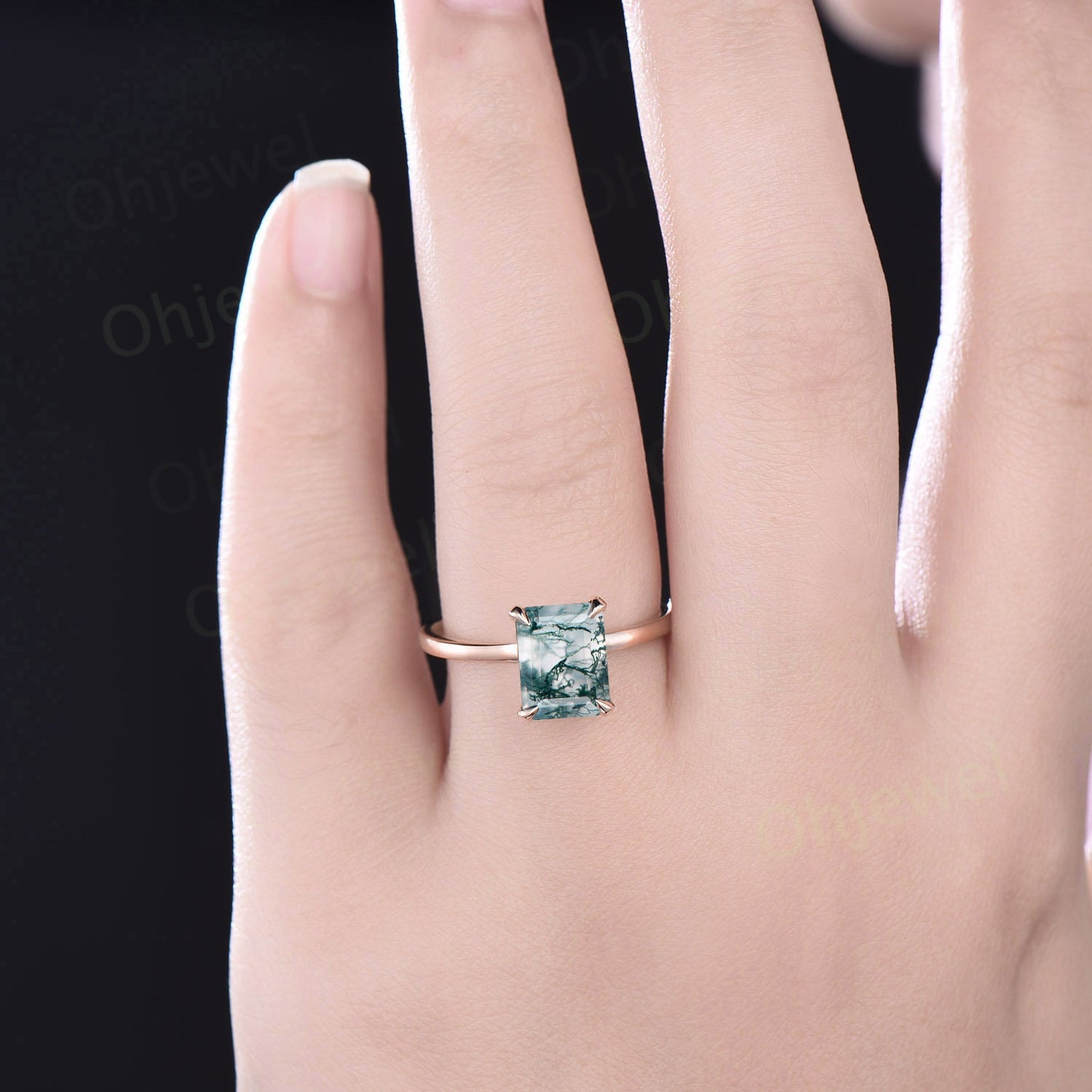 4ct emerald cut green moss agate engagement ring rose gold vintage unique Solitaire engagement ring women sterling silver promise ring gift
