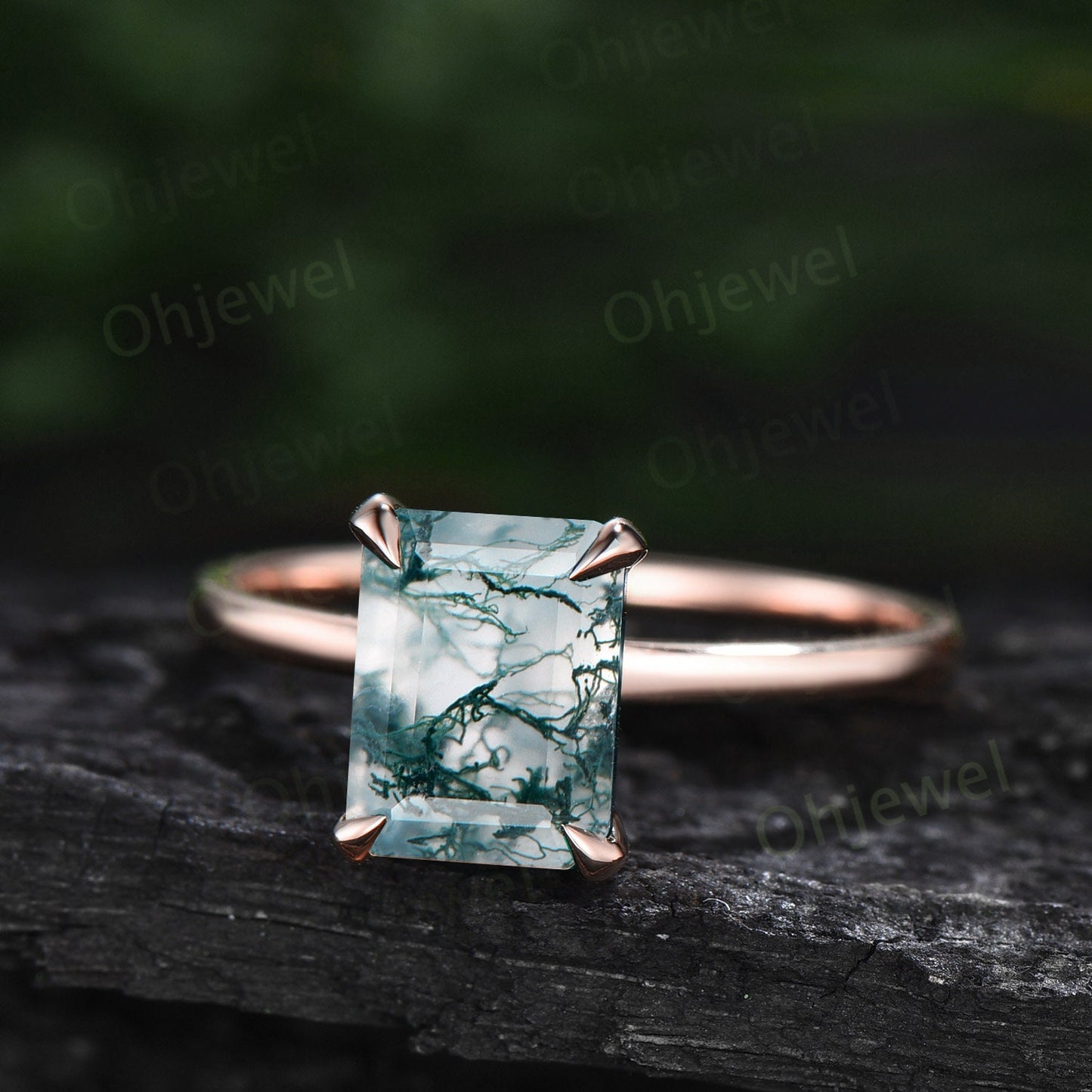 4ct emerald cut green moss agate engagement ring rose gold vintage unique Solitaire engagement ring women sterling silver promise ring gift