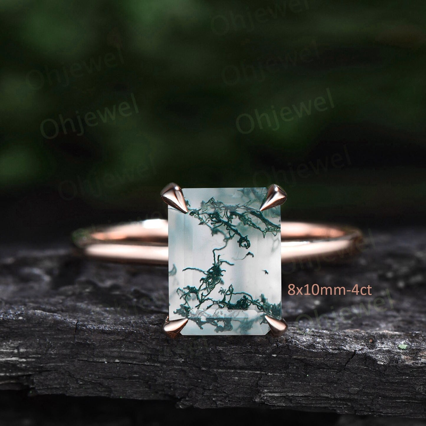 4ct emerald cut green moss agate engagement ring rose gold vintage unique Solitaire engagement ring women sterling silver promise ring gift