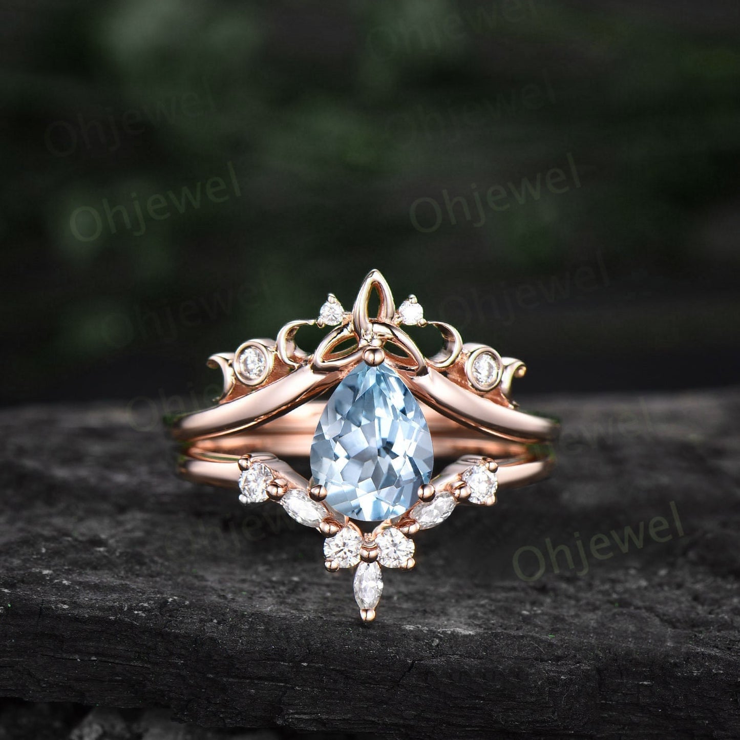 Pear shaped Aquamarine ring rose gold vintage cluster unique engagement ring marquise diamond anniversary promise wedding ring set for women