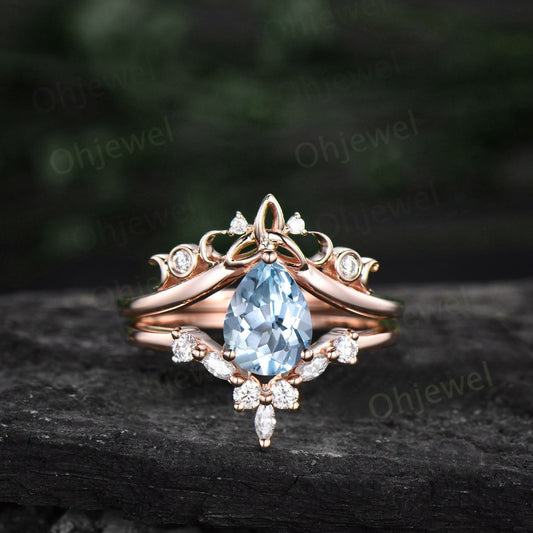 Pear shaped Aquamarine ring rose gold vintage cluster unique engagement ring marquise diamond anniversary promise wedding ring set for women