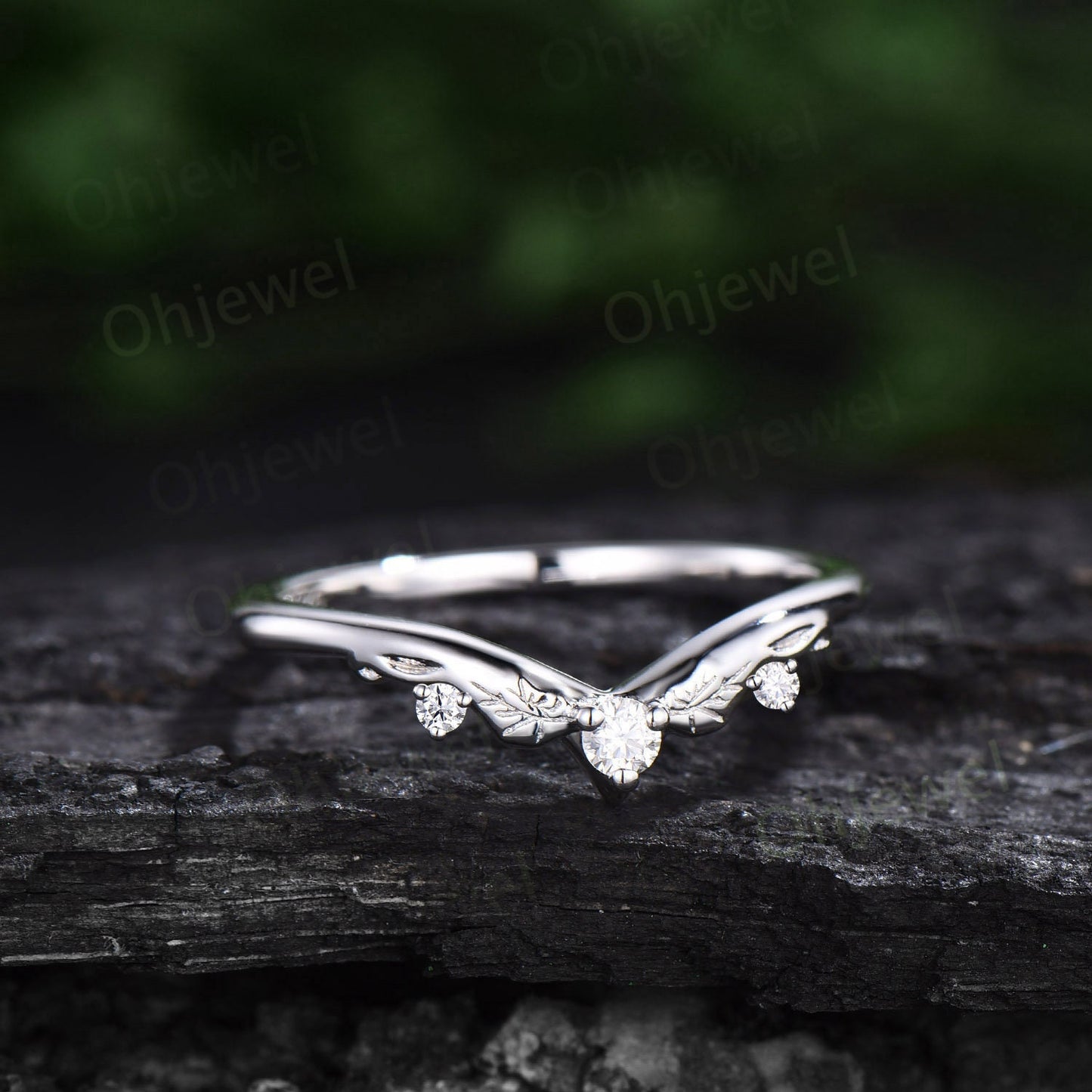 Unique three stone diamond wedding ring band 14k white gold sterling silver dainty curved vintage anniversary ring women bridal promise band