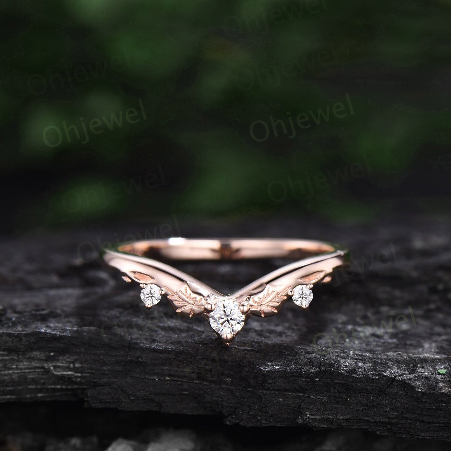 Unique three stone diamond wedding ring band 14k white gold sterling silver dainty curved vintage anniversary ring women bridal promise band