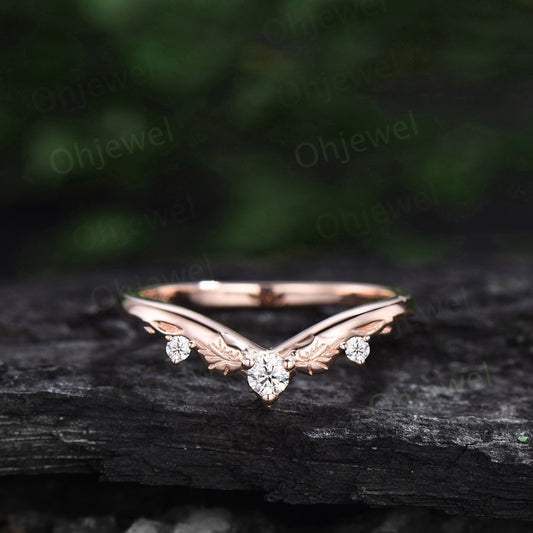 Vintage diamond wedding band 14k rose gold unique V shaped curved moissanite wedding ring band silver stacking anniversary ring women gift