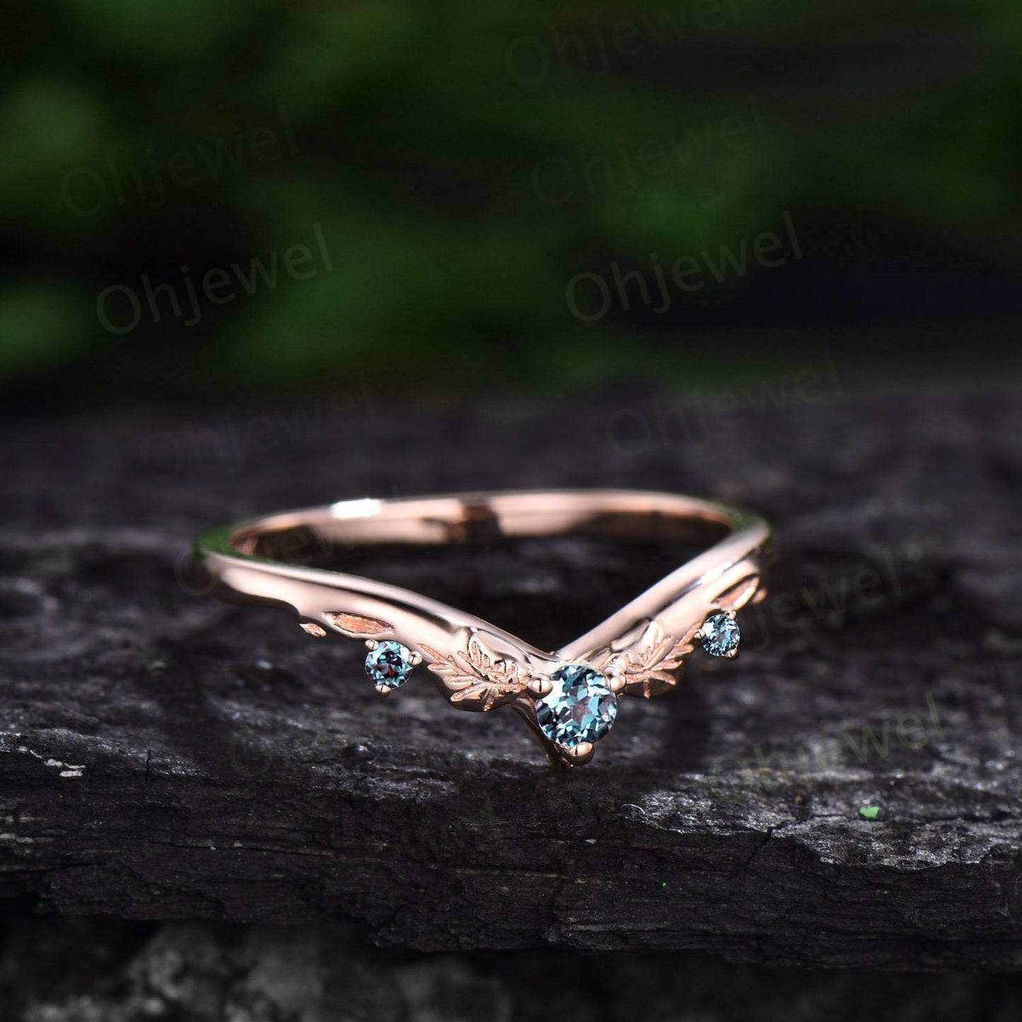 Vintage style three stone Alexandrite wedding band 14k rose gold silver bat curved stacking V shaped anniversary wedding ring band for women