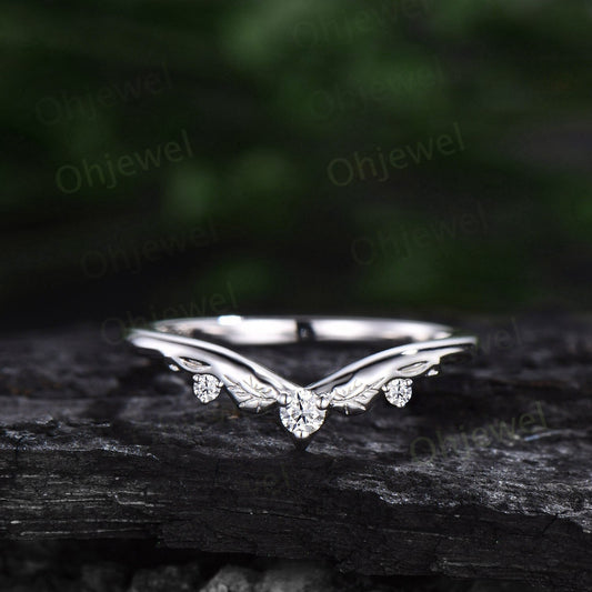 Unique three stone diamond wedding ring band 14k white gold sterling silver dainty curved vintage anniversary ring women bridal promise band