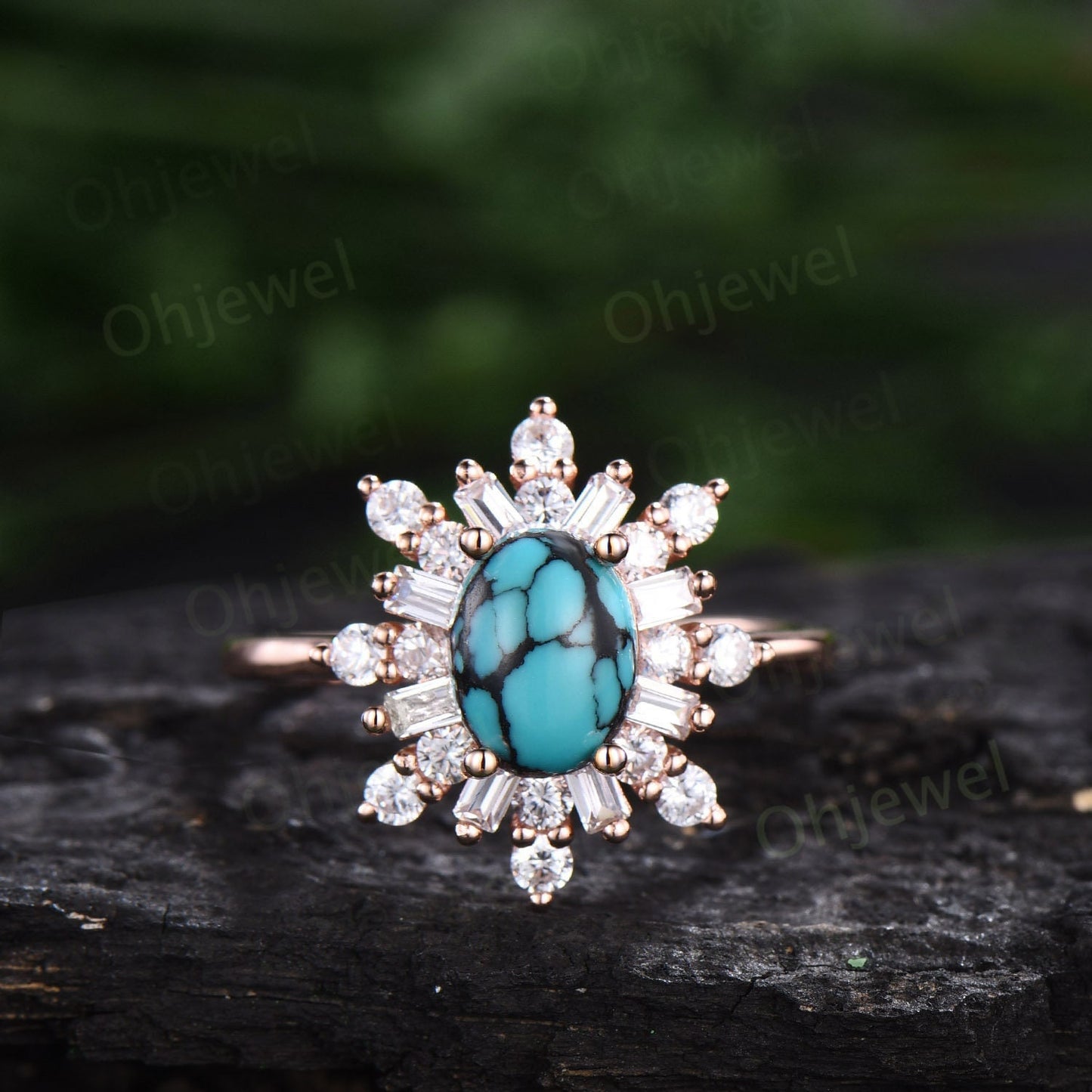 Oval cut natural Turquoise ring vintage rose gold halo unique engagement ring women cluster baguette cut moissanite wedding promise ring