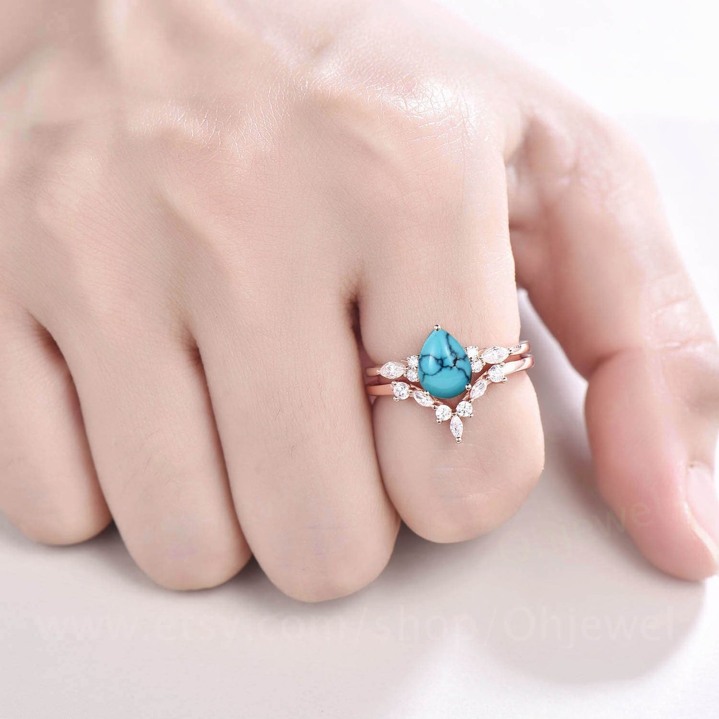 Peat shaped natural turquoise ring vintage unique engagement ring set rose gold silver marquise cut diamond promise wedding ring set women
