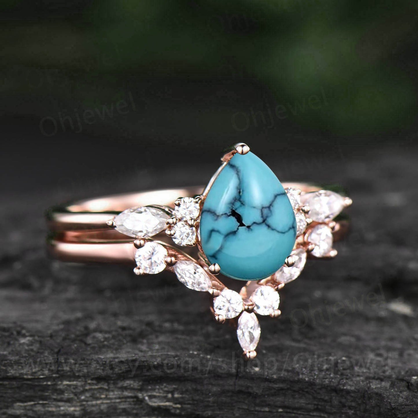Peat shaped natural turquoise ring vintage unique engagement ring set rose gold silver marquise cut diamond promise wedding ring set women