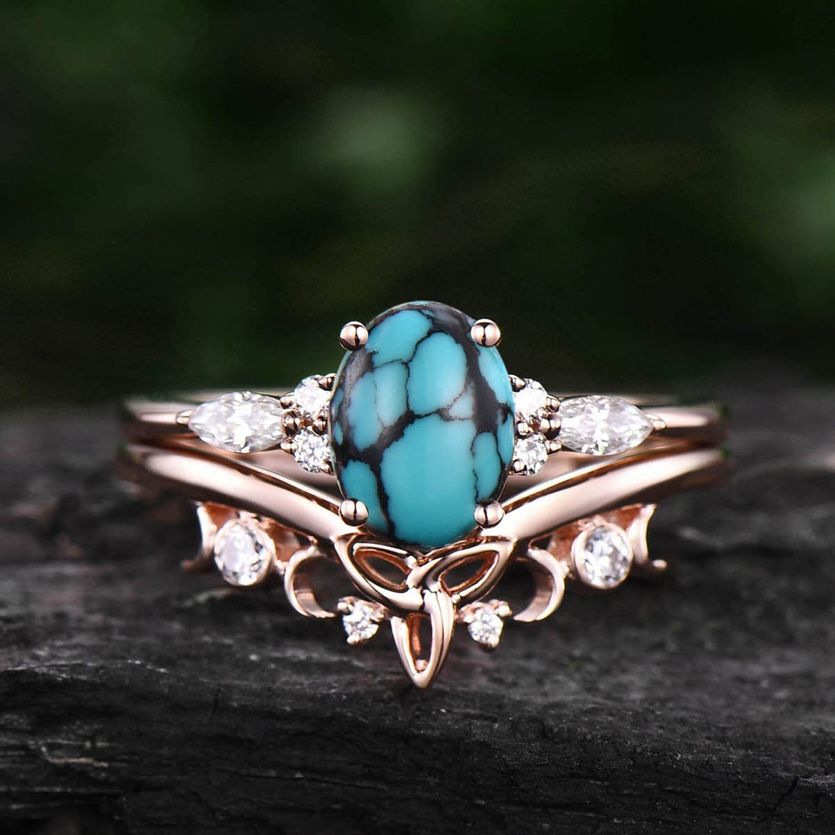 Oval natural turquoise ring rose gold vintage unique engagement ring set for women art deco moissanite promise bridal wedding ring set gift