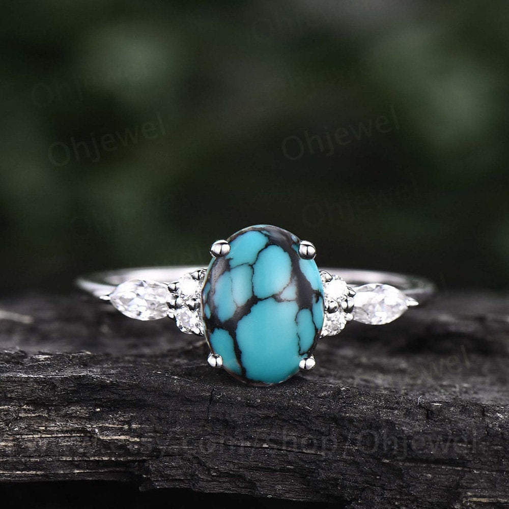 Oval natural turquoise ring rose gold vintage unique engagement ring set for women art deco moissanite promise bridal wedding ring set gift