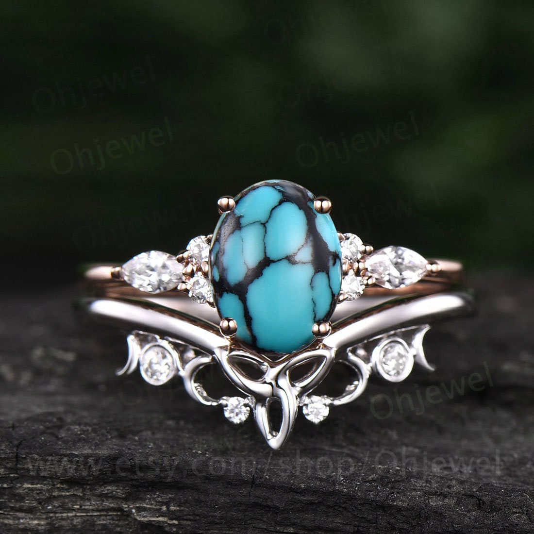 Oval natural turquoise ring rose gold vintage unique engagement ring set for women art deco moissanite promise bridal wedding ring set gift