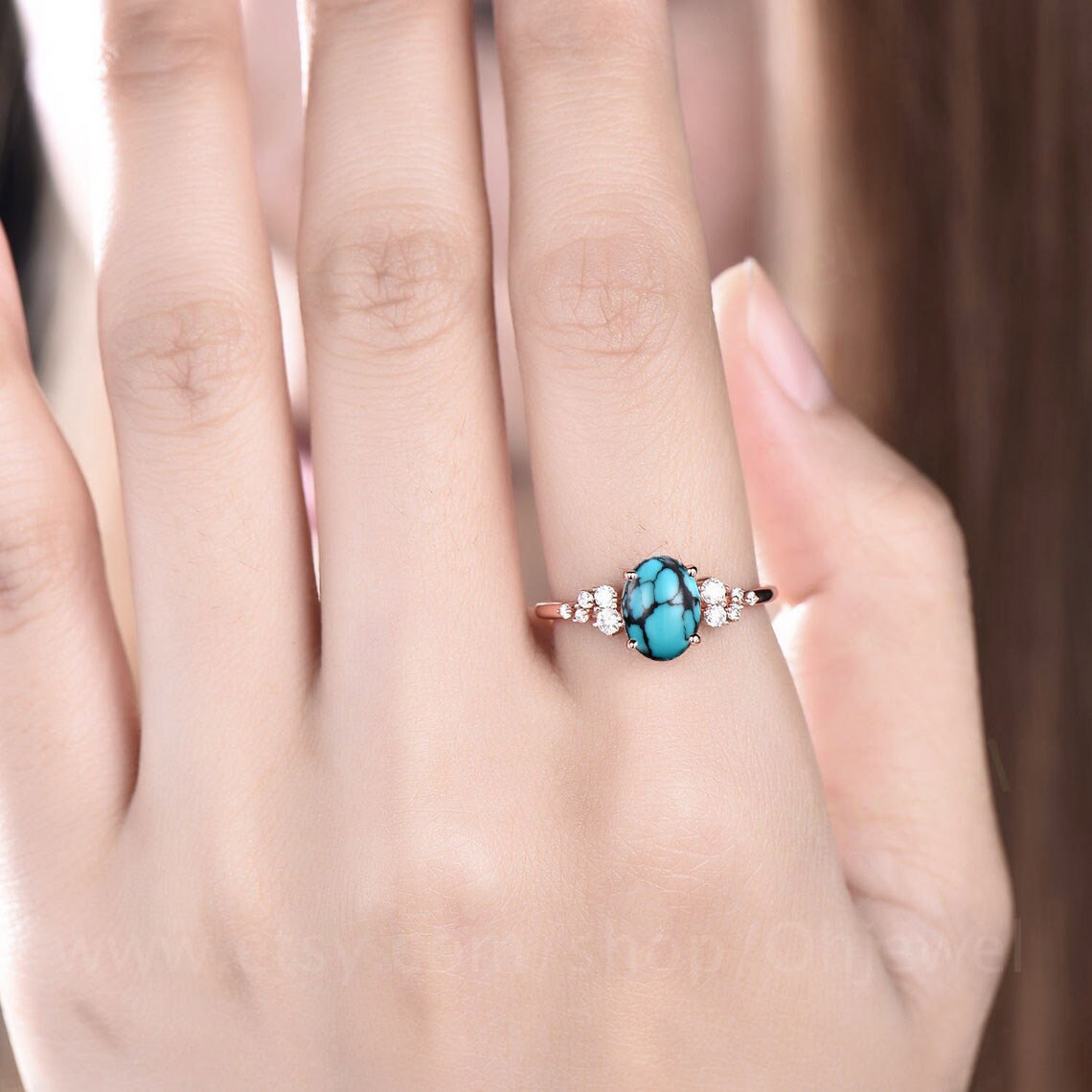 Vintage oval natural turquoise engagement ring set white gold alternative unique snowdrift engagement ring diamond bridal ring set for women